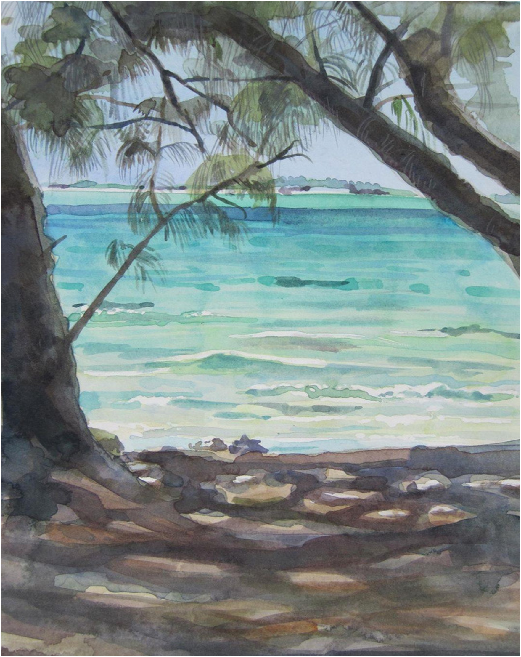 A watercolor painting of a serene ocean view framed by trees and branches, showing turquoise water, distant land, and a cloudy sky.