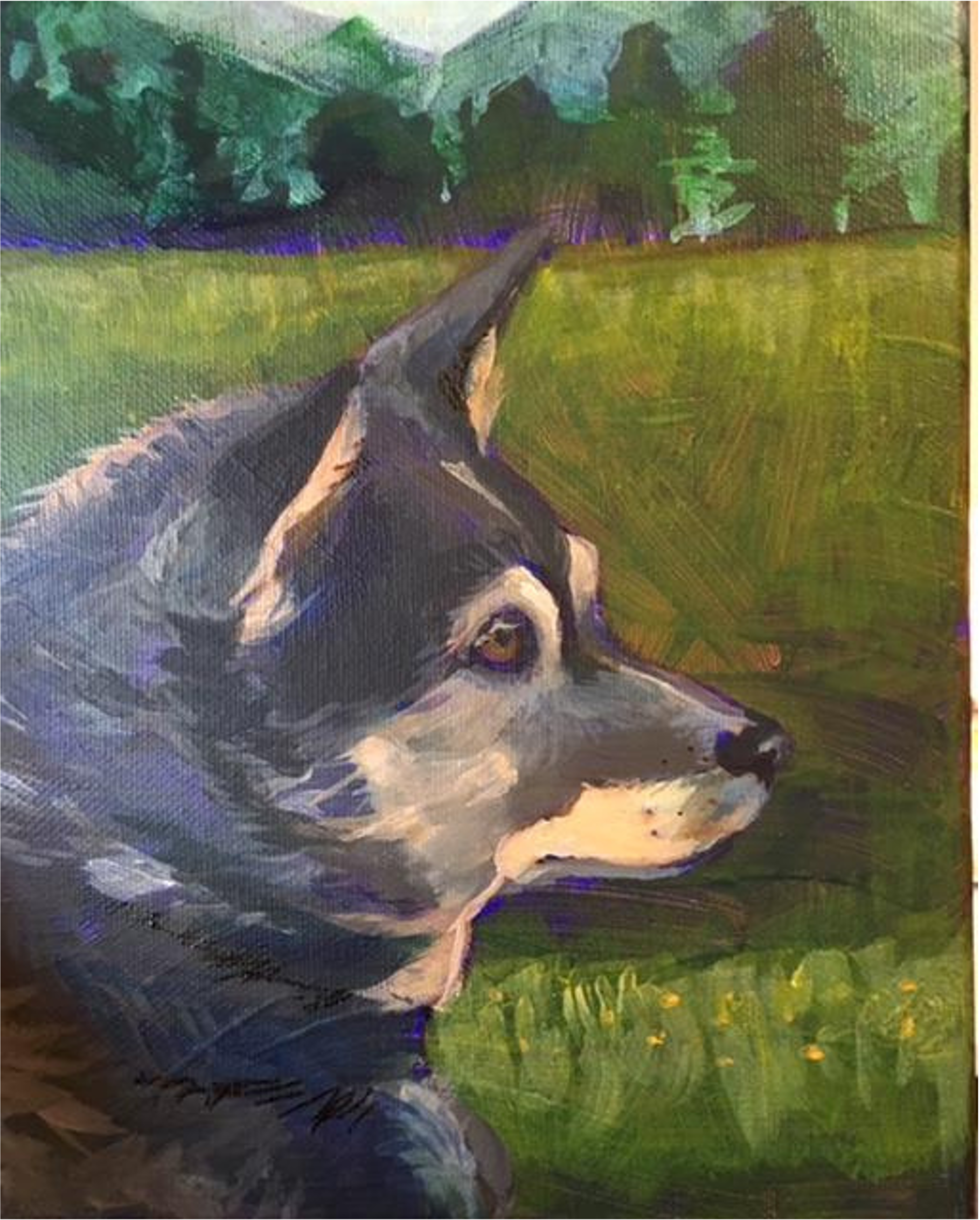 A colorful painting of a dog with a black and white coat, lying on grass with a background of trees and purple flowers.