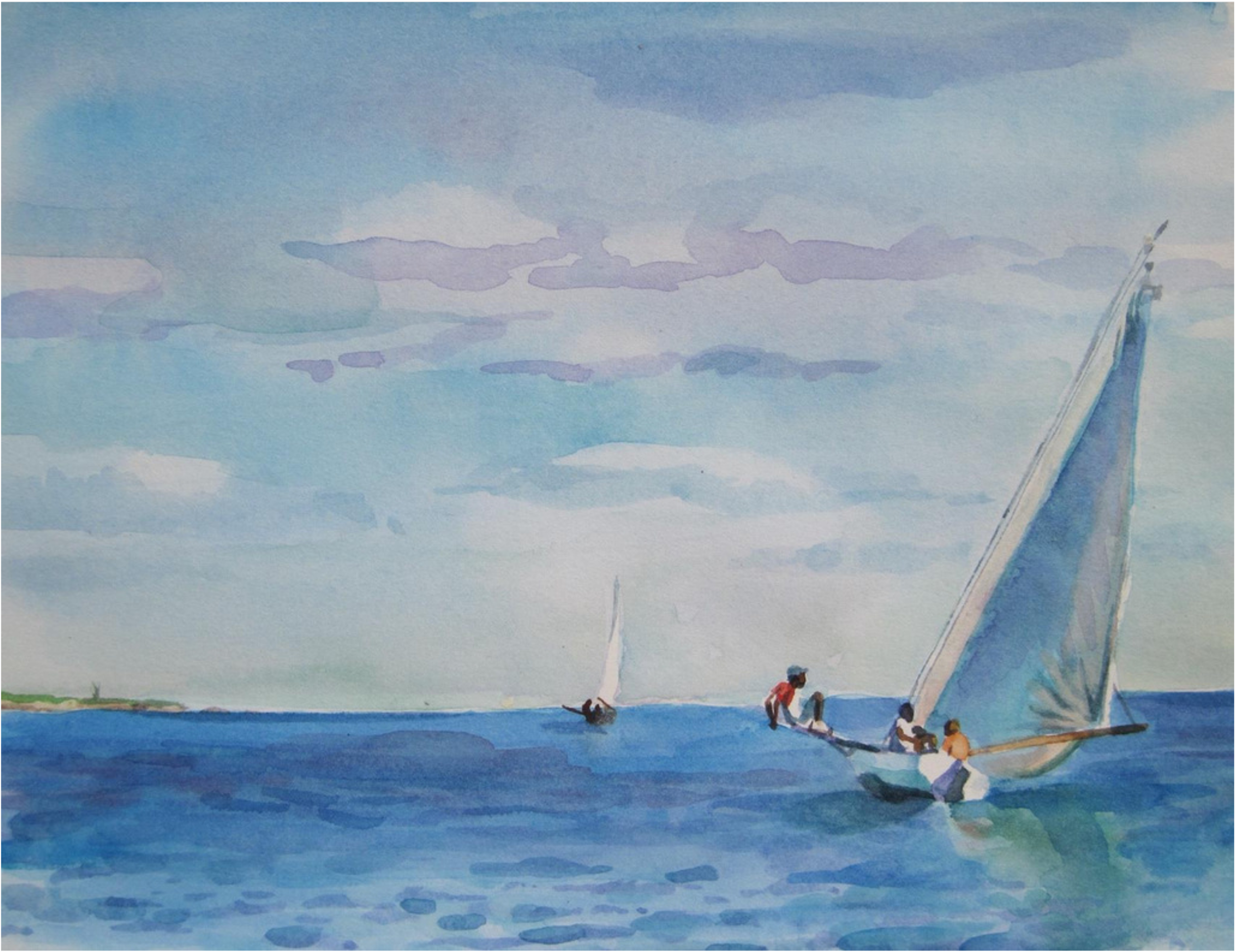 Watercolor painting of a sailboat with four people on the water, and another smaller boat with a white sail in the distance, under a cloudy sky.