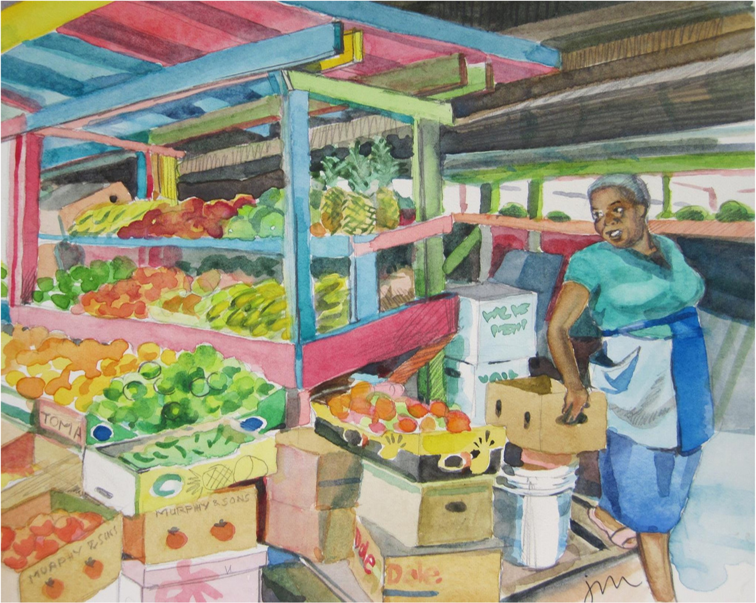 A watercolor painting of a woman shopping for produce at a market stand, with colorful fruits and vegetables displayed on shelves and boxes.