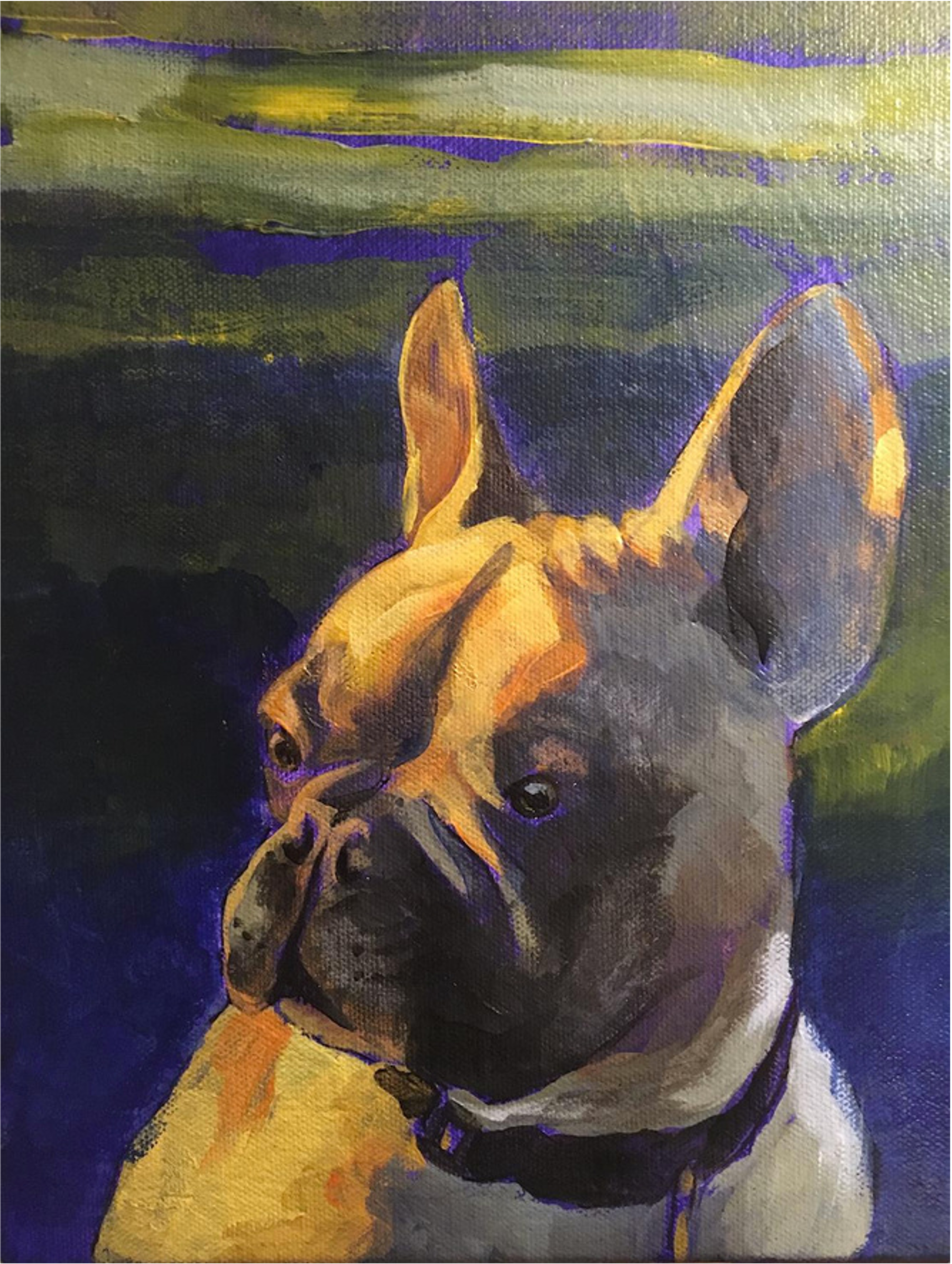 A colorful painting of a French Bulldog with a dark background and hints of purple, yellow, and green.