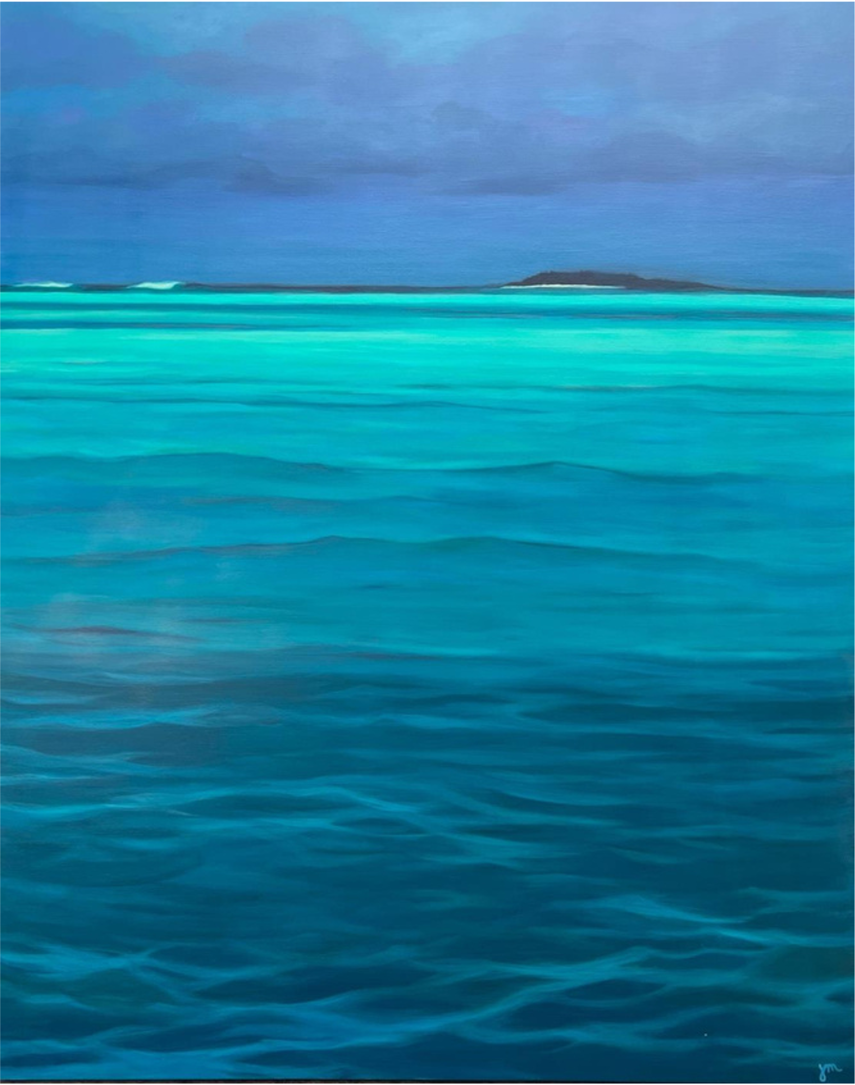 Painting of the ocean with turquoise and dark blue waters, a distant landmass on the horizon, and a cloudy sky.