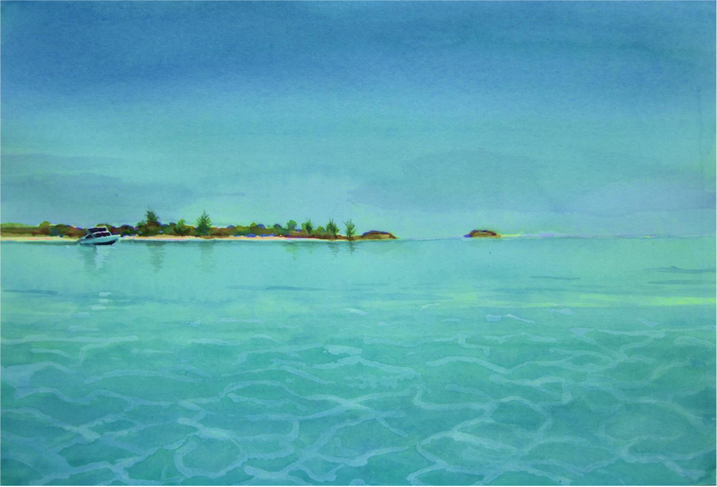 A watercolor painting of a tranquil ocean scene with clear blue water, a distant shoreline with trees, and a small boat.