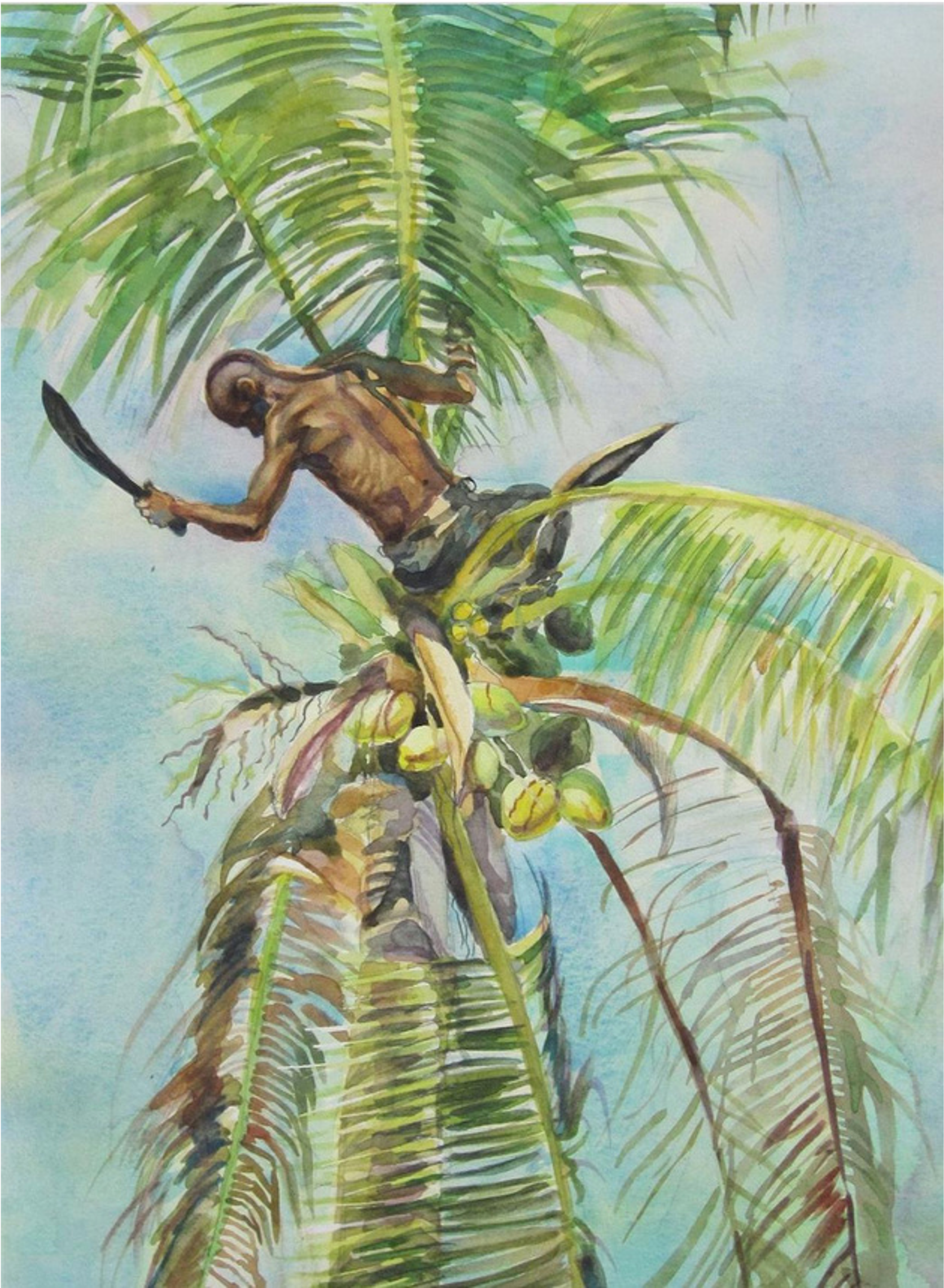A painting of a man with dark skin and no shirt, holding a machete, climbing on large green palm leaves and coconuts against a blue sky background.