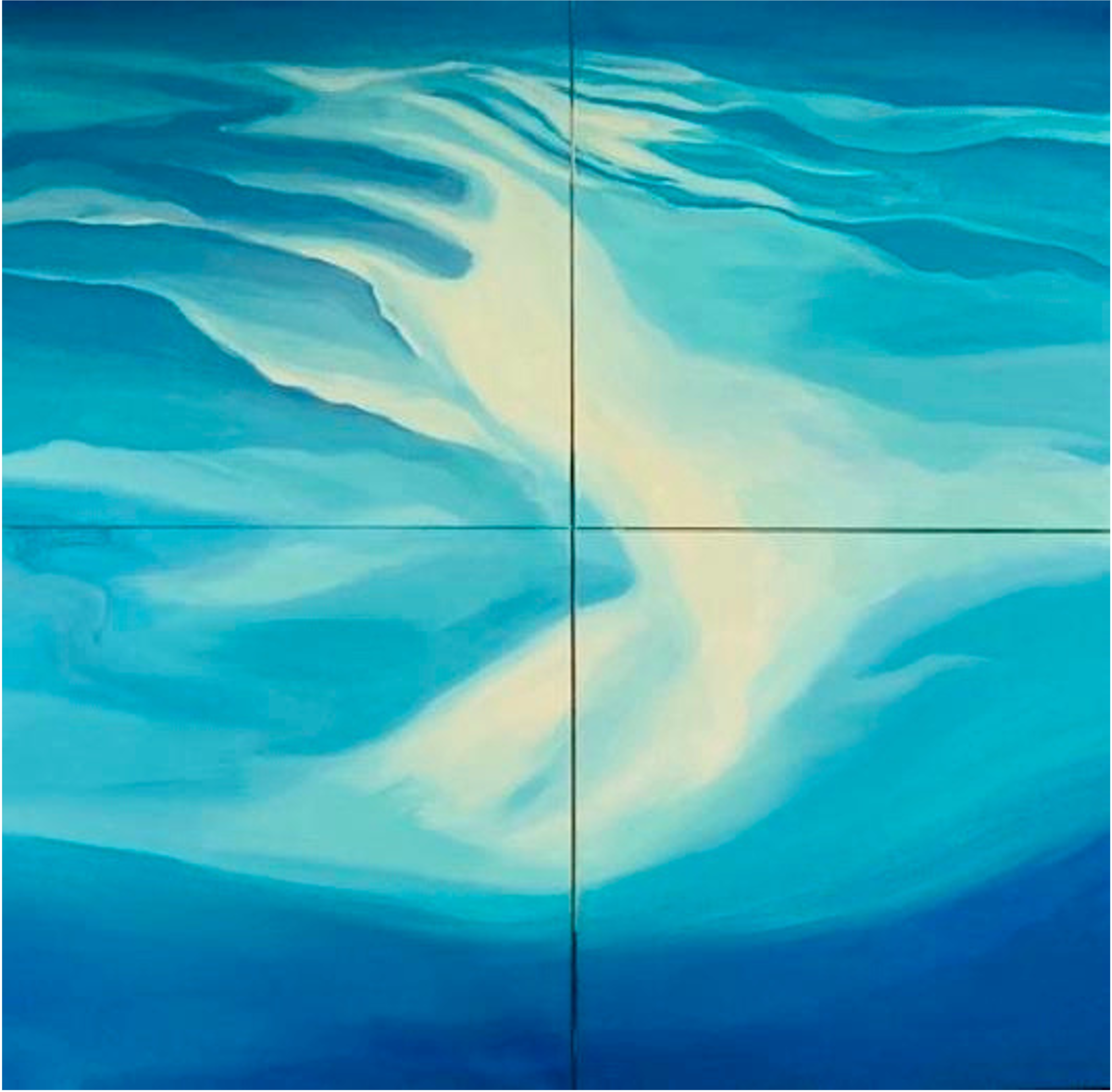Abstract painting of swirling blue and white water or waves.