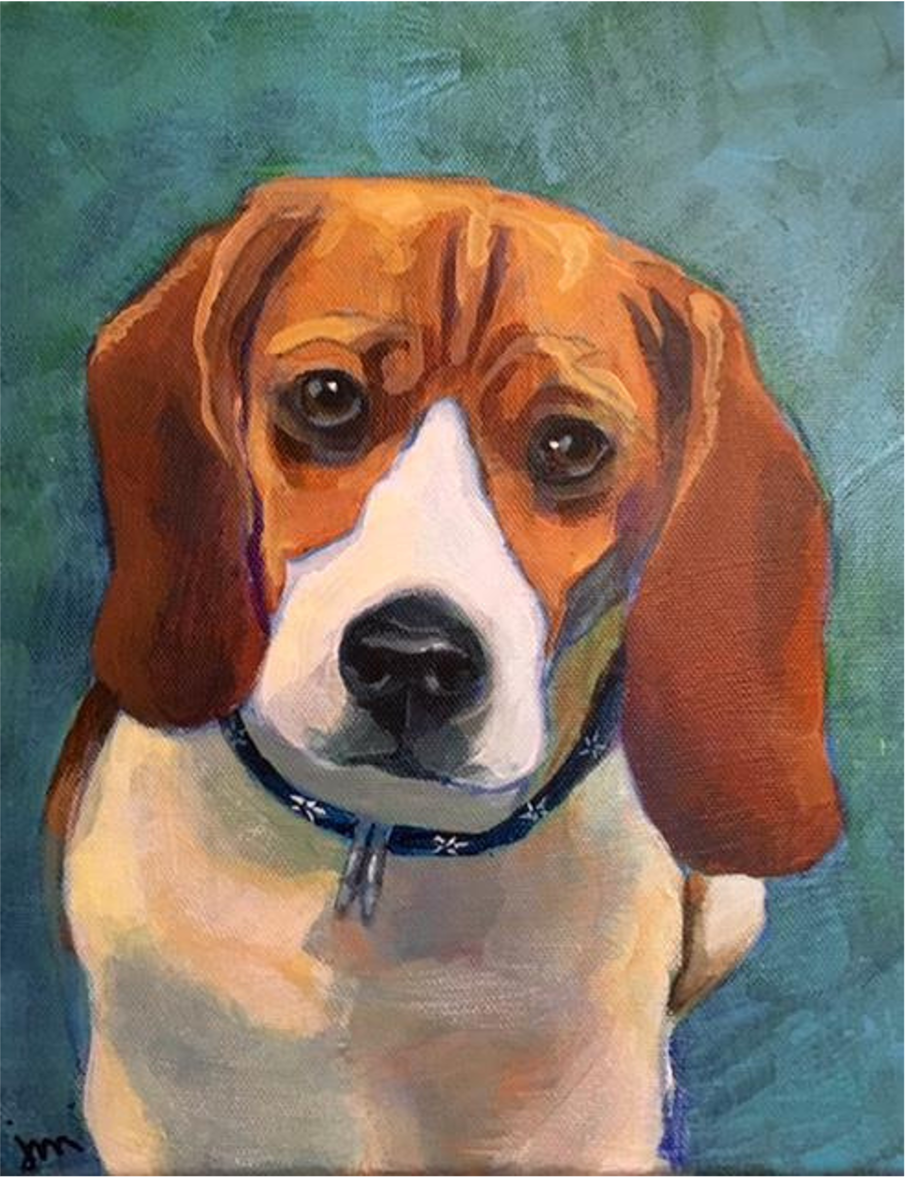 Painting of a basset hound puppy with big, expressive eyes, long ears, and a black and white collar, against a green background.