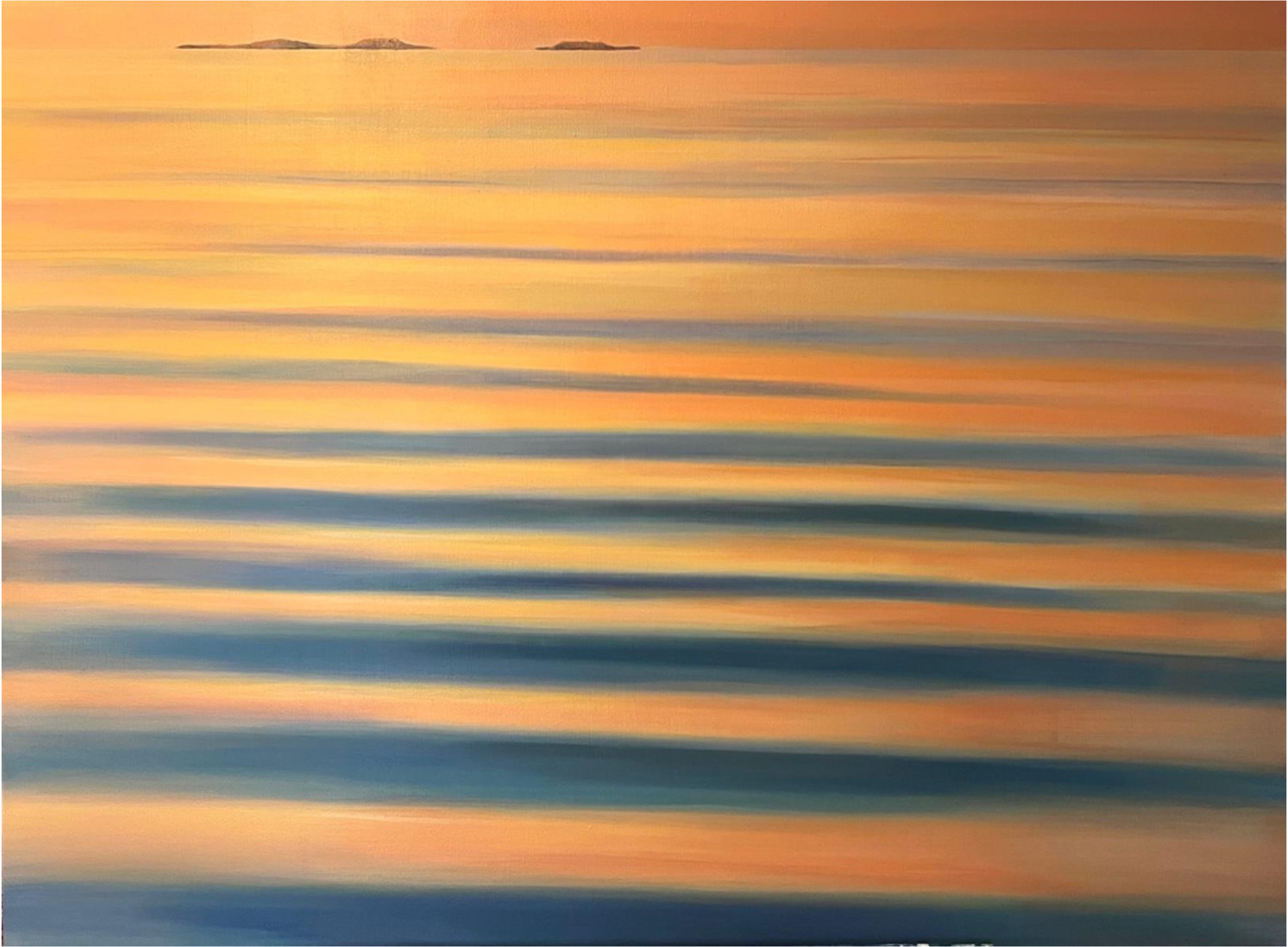 Sunset over calm water with horizontal streaks of orange, pink, and blue reflections on the surface.