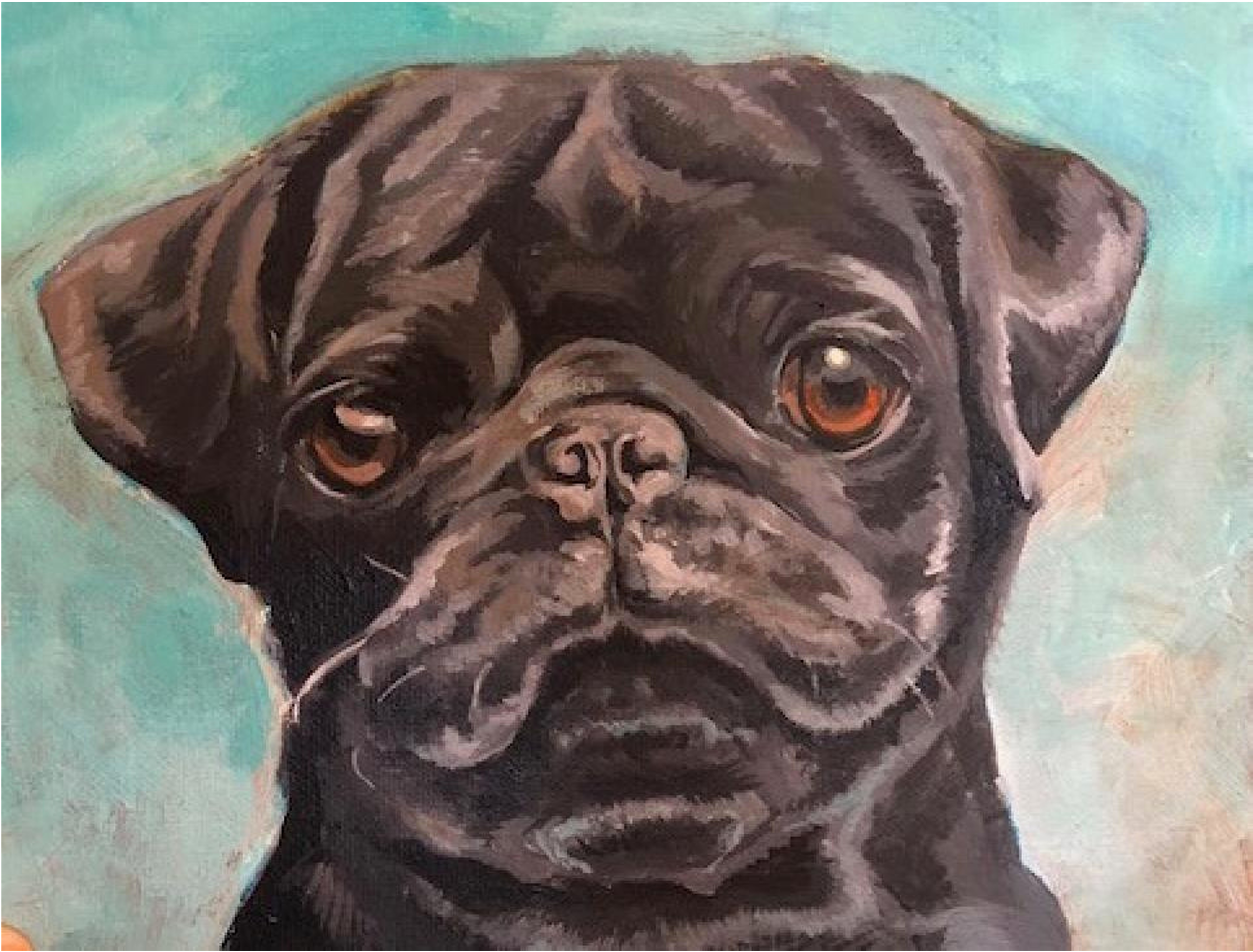 Painting of a black pug dog with a wrinkled face, one eye open and the other winking, against a light blue background.