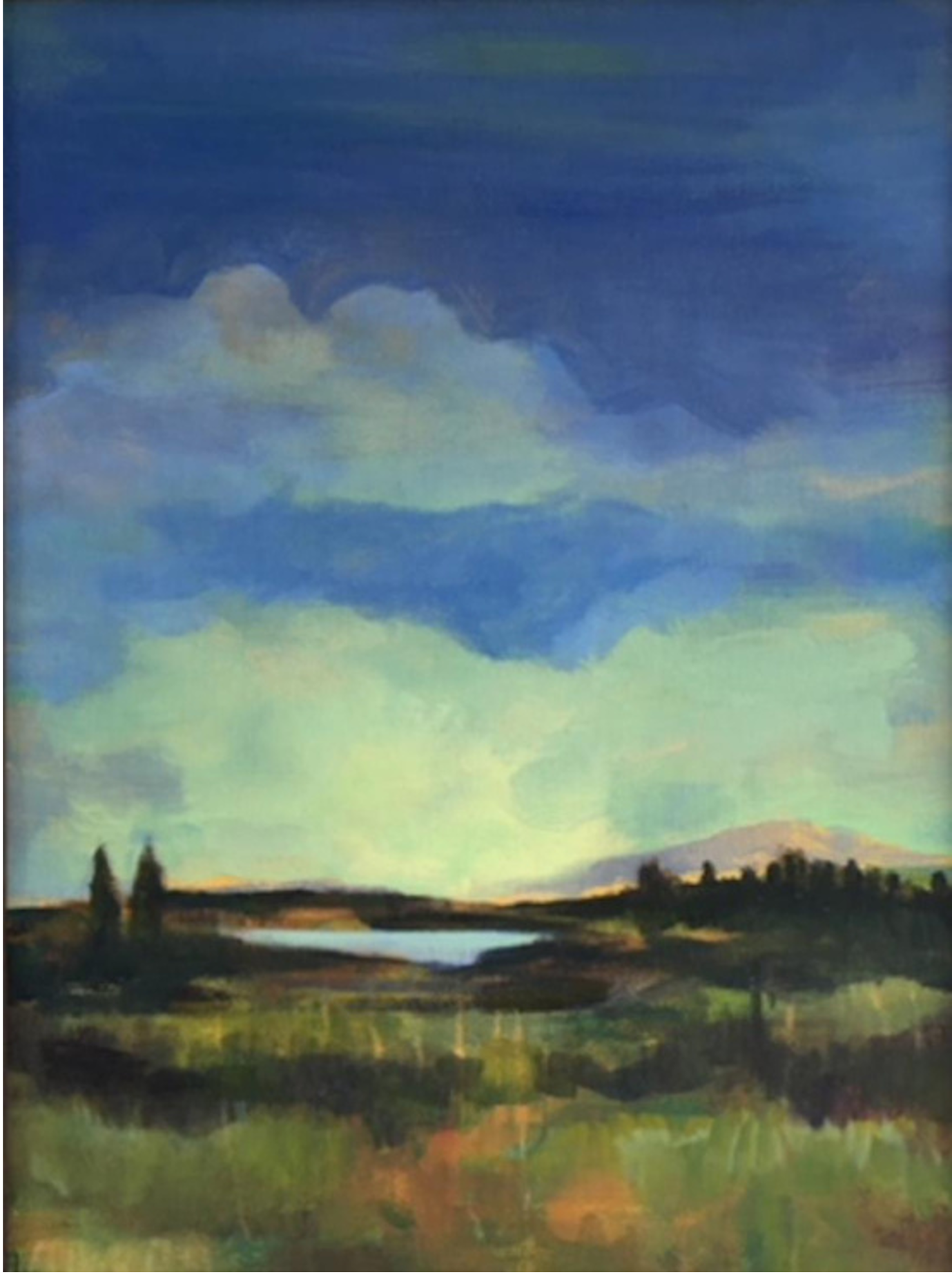 A landscape painting of a scenic countryside with a lake, trees, a mountain, and a sky with clouds.