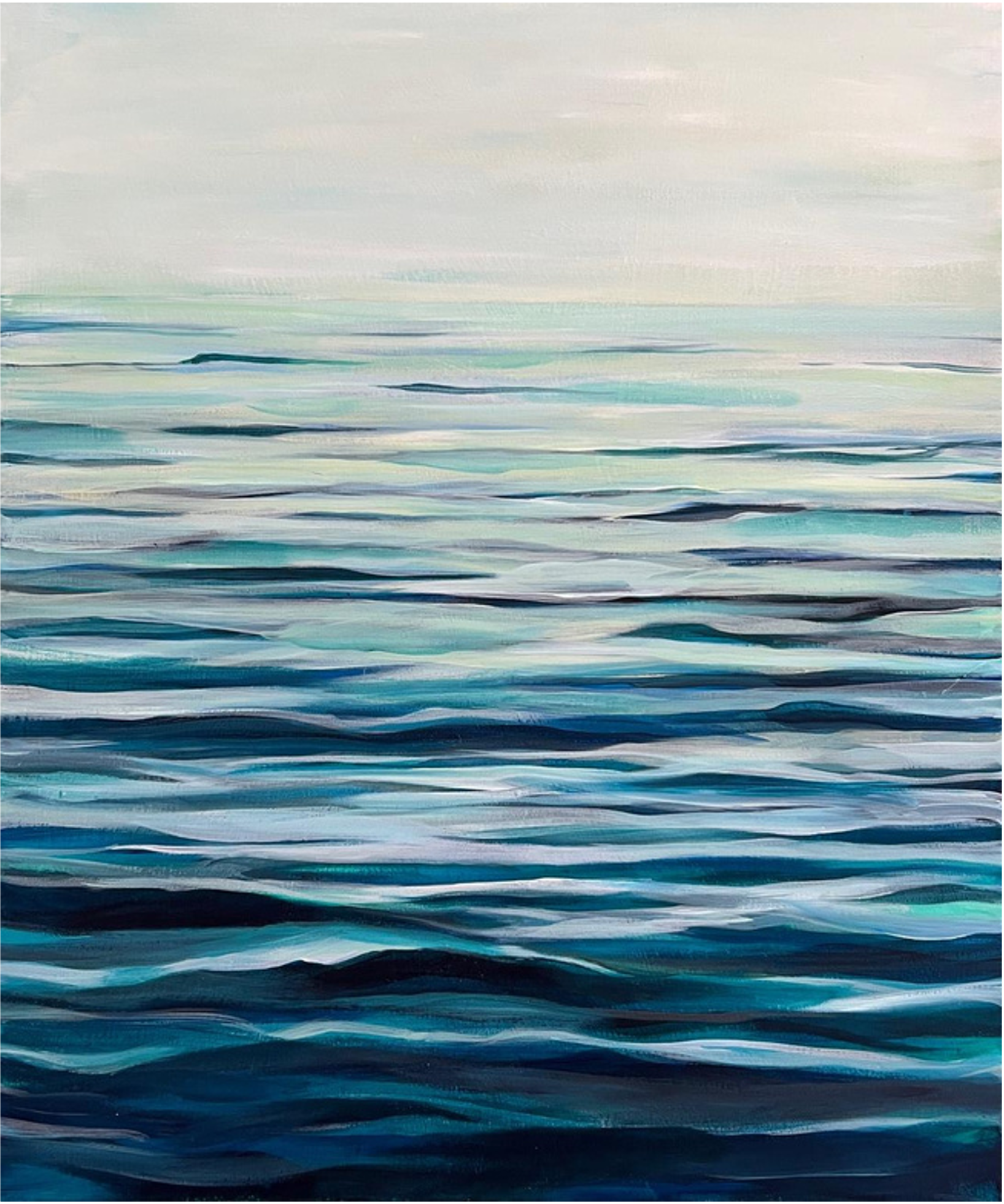 Abstract painting of ocean waves with shades of blue, teal, and white, depicting calm water.