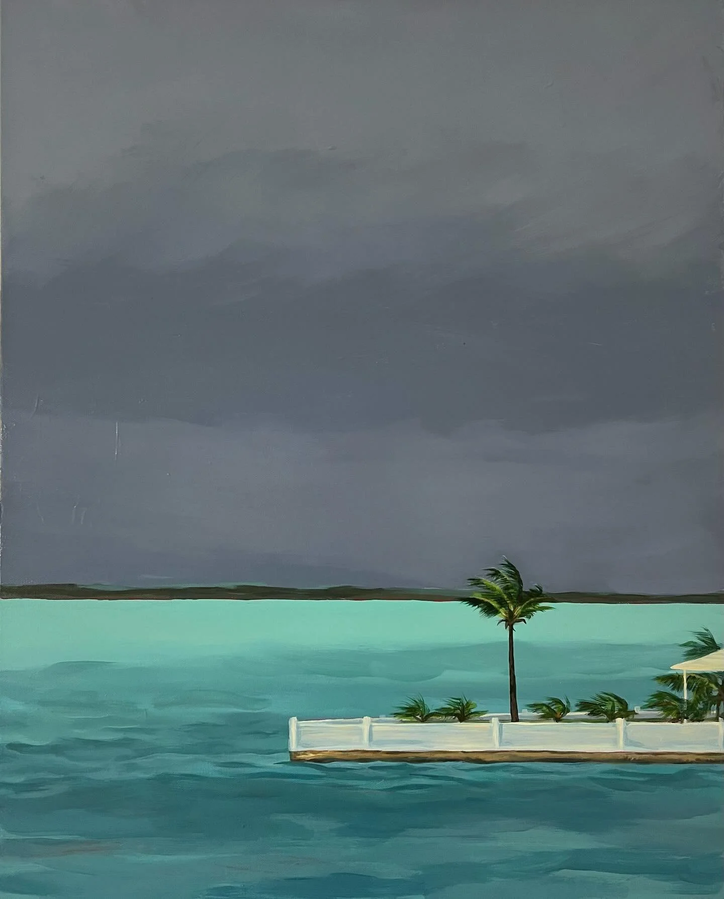 Painting of a tropical scene with dark stormy clouds, turquoise water, a small pier or barrier with a palm tree and a few smaller palm plants, and a yellow umbrella.