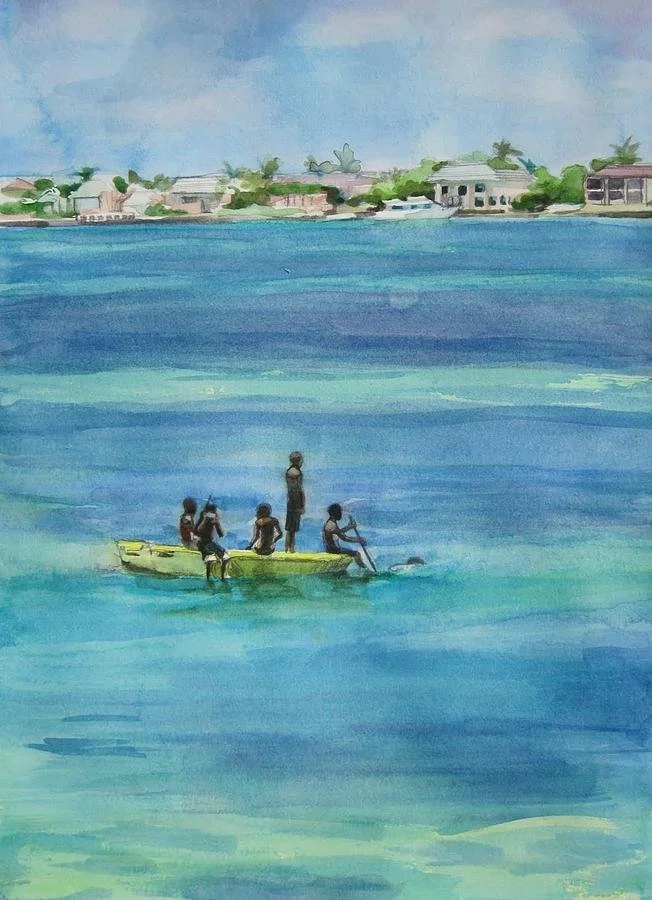 Watercolor painting of five people on a yellow boat floating on a large body of water with a town shoreline in the background.