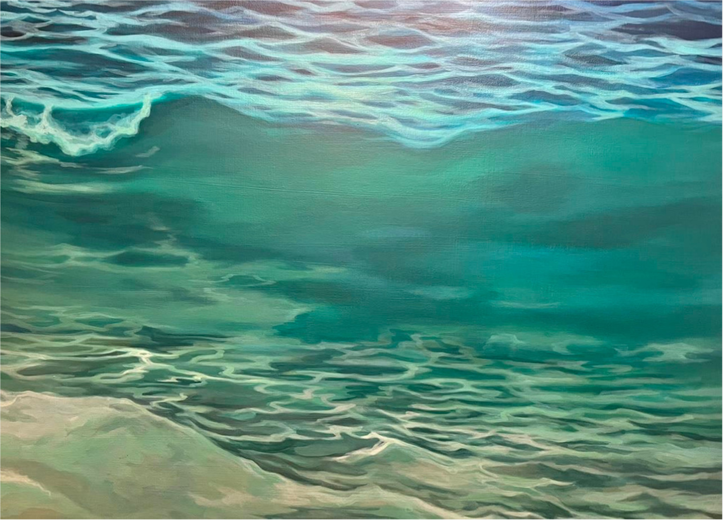 Painting of ocean waves with shades of blue, green, and white, depicting a shoreline.