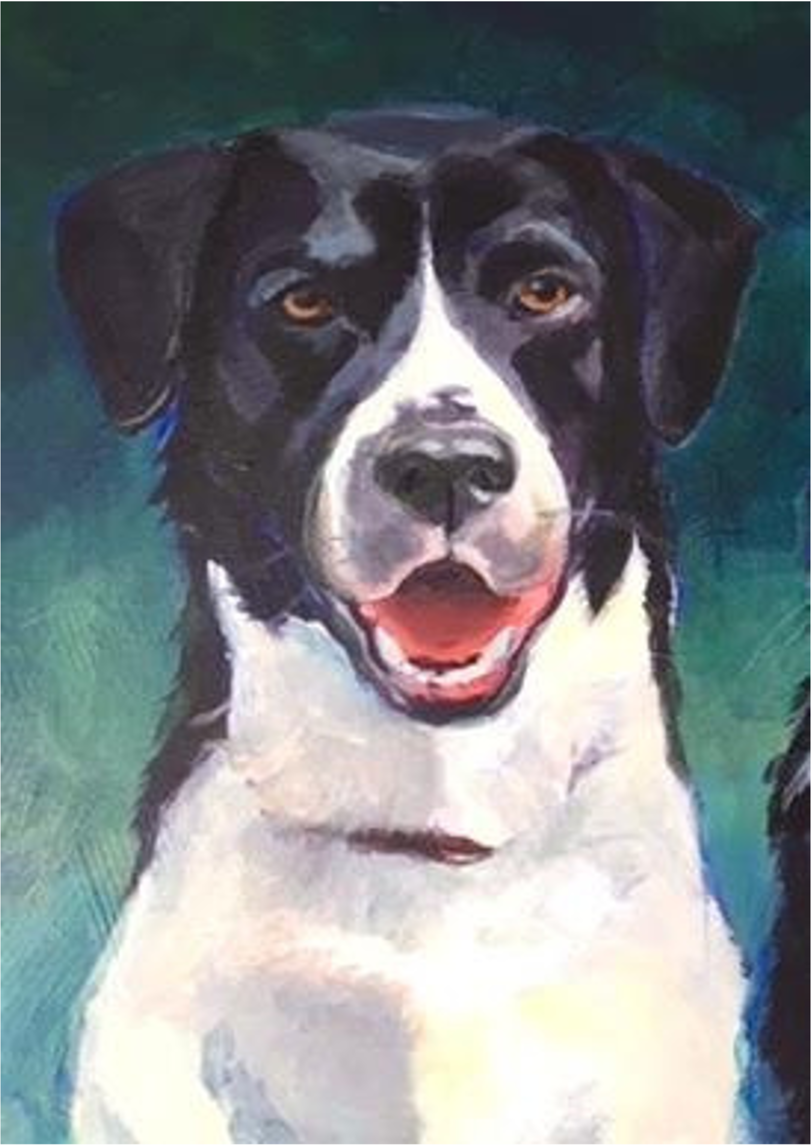 Painting of a black and white dog with brown eyes, open mouth, and a pink tongue, set against a blue and green background.
