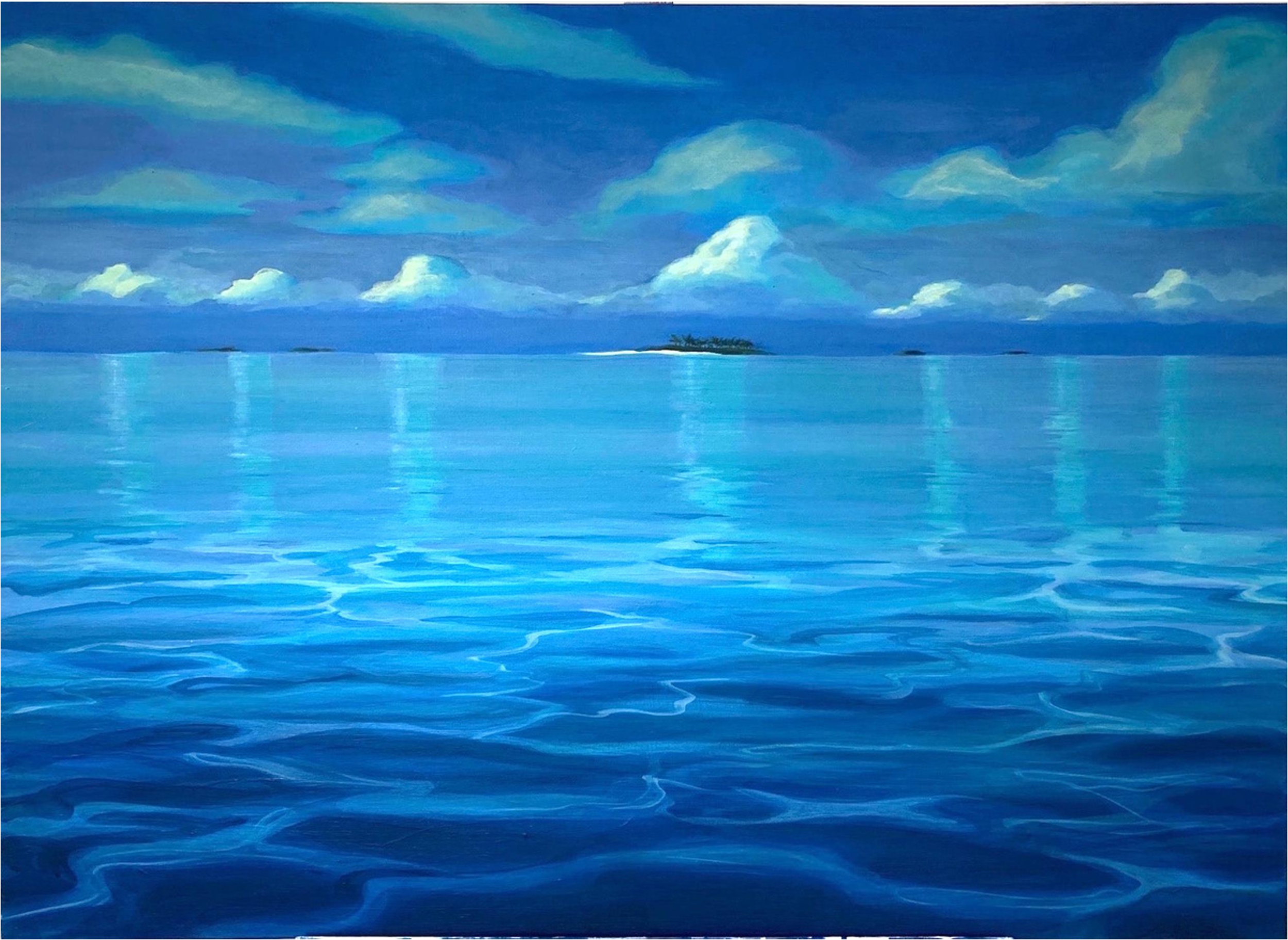 Painting of a calm ocean or sea with a small island in the distance, surrounded by blue sky with scattered clouds.