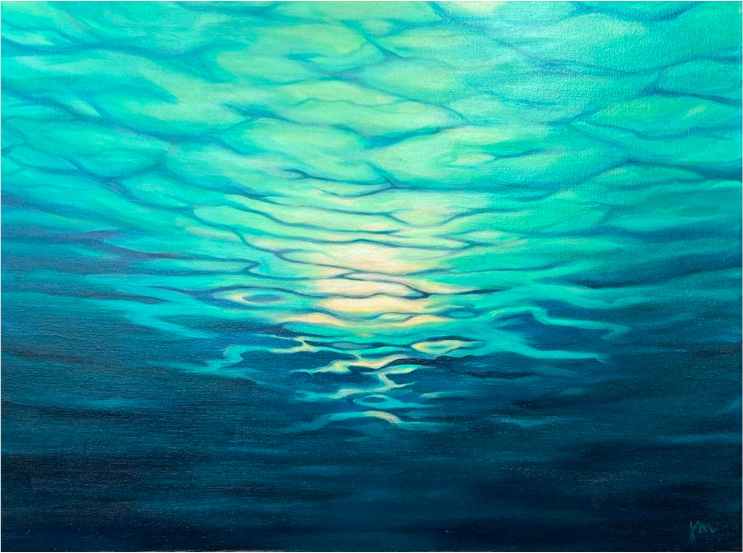 Abstract painting of blue and green rippling water with light reflections, creating a serene ocean or lake scene.