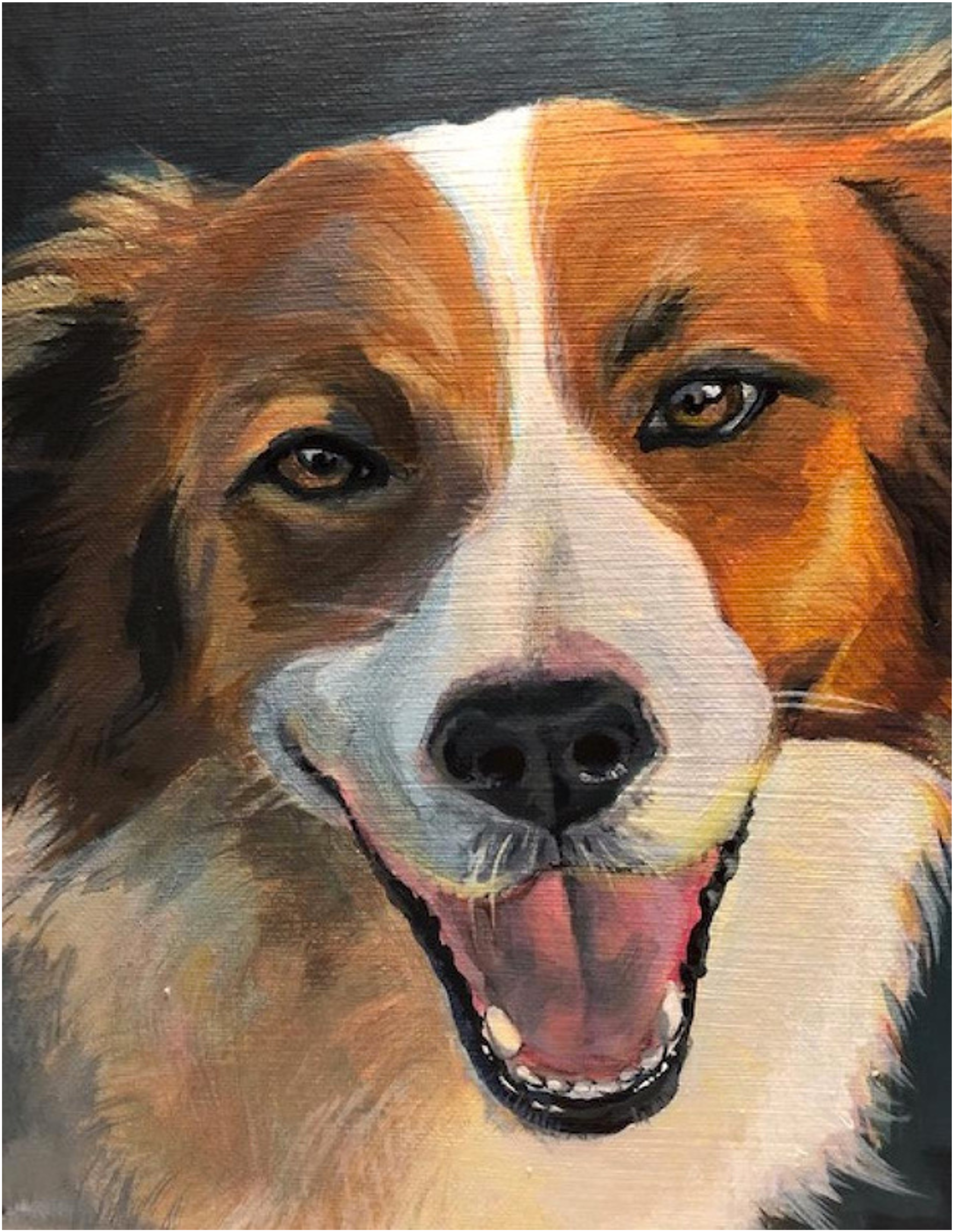 Painting of a happy dog with brown and white fur, looking directly at the viewer with a playful expression.