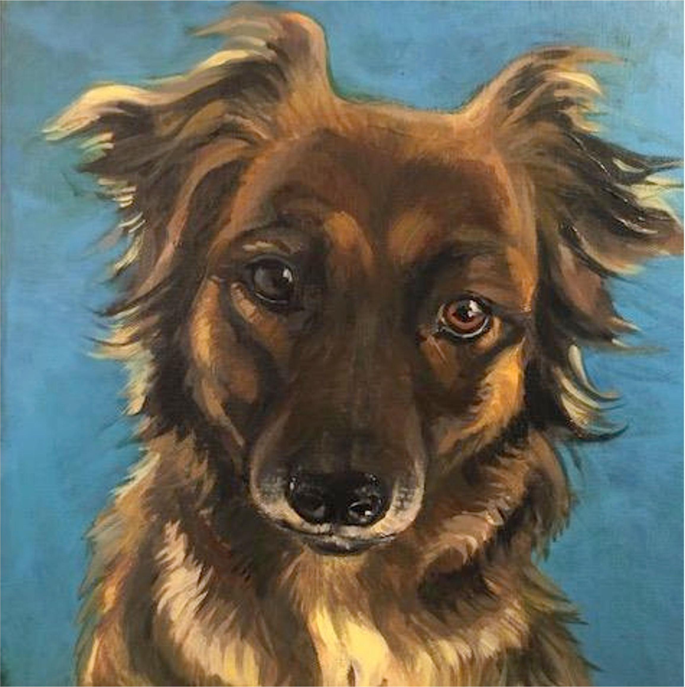 Painting of a brown dog with one ear up and one ear down, on a blue background.