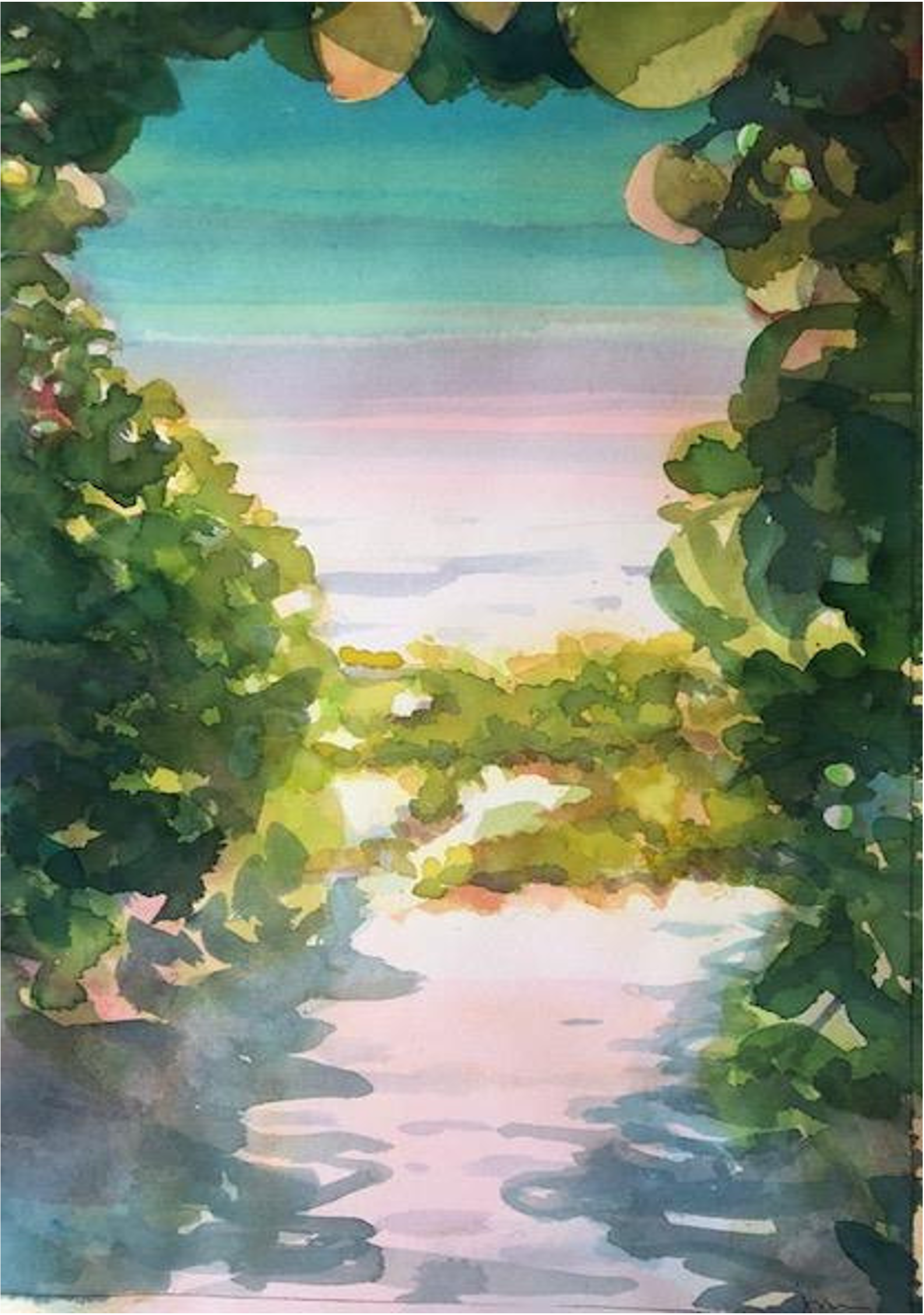 Watercolor painting of a river or stream, surrounded by green trees and bushes, with an open sky in the background showing hints of pink and blue.