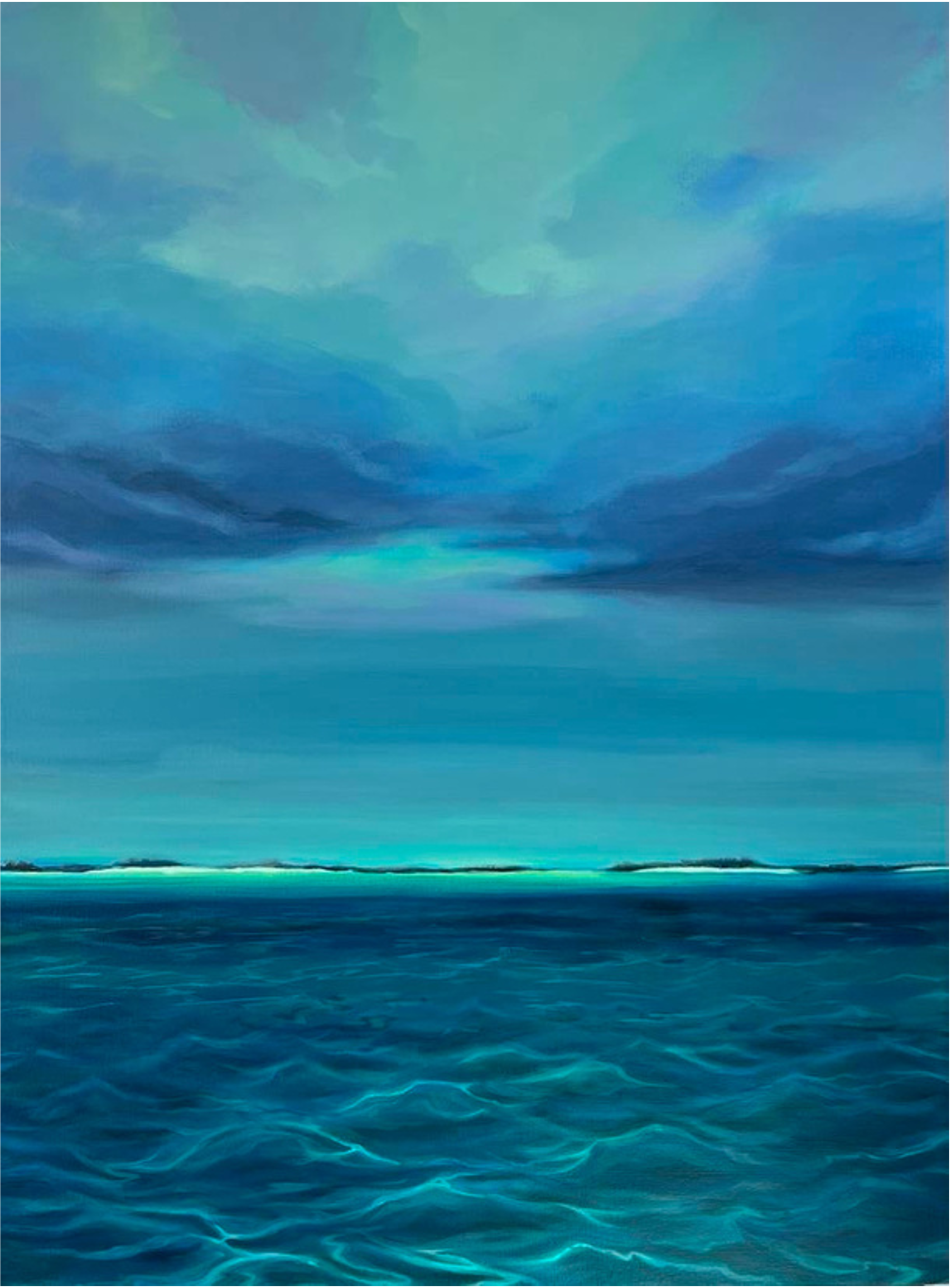 A painting of a seascape with turquoise water and a sky filled with dark, moody clouds.