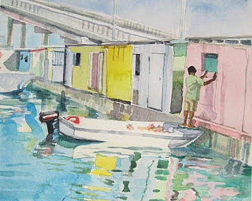 A watercolor painting of a man painting a house wall near the water, with boats and a bridge in the background.