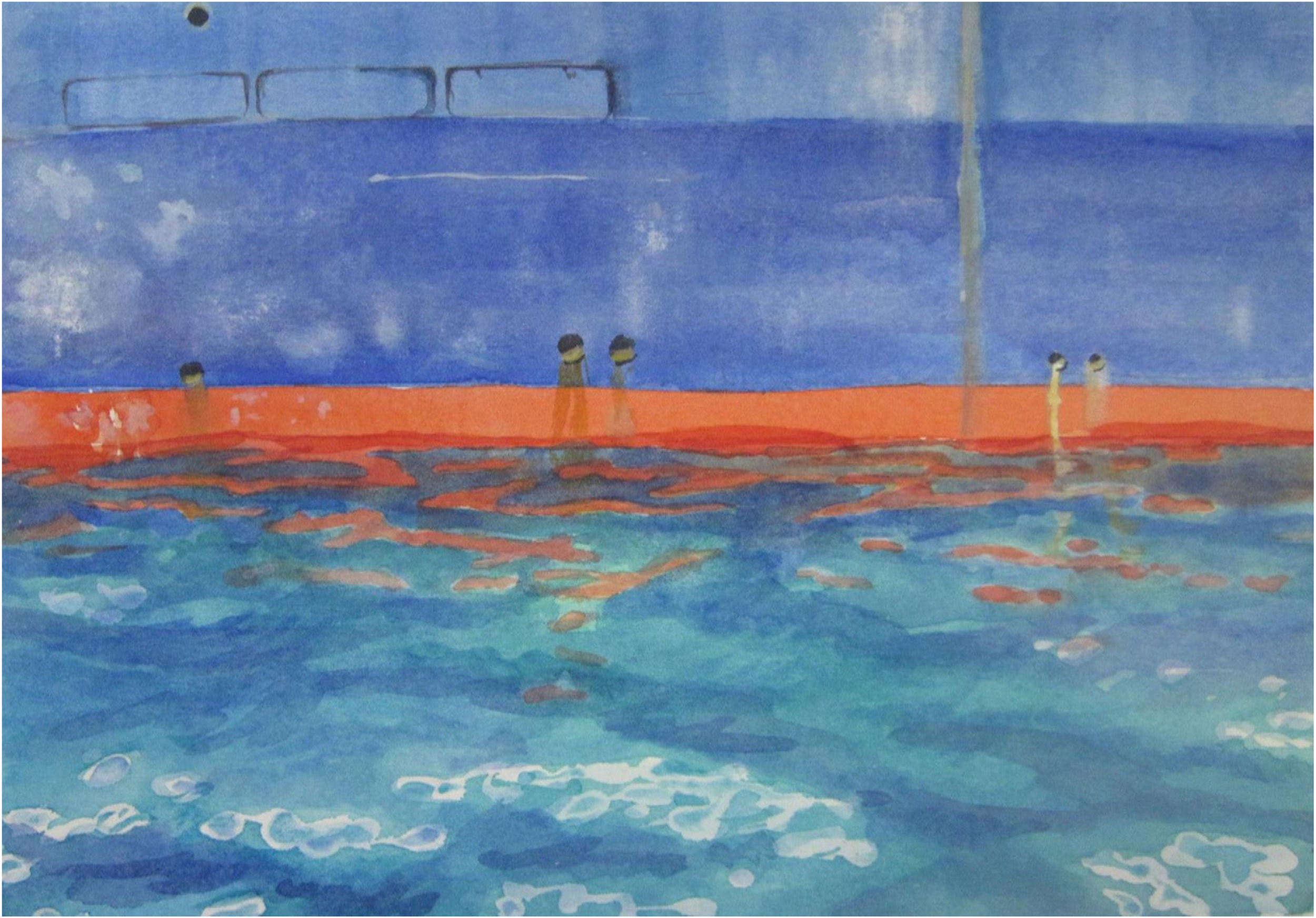 An abstract watercolor painting of a swimming pool with blue water, a red-orange pool deck, and four small figures standing on the deck, depicted with minimal detail.