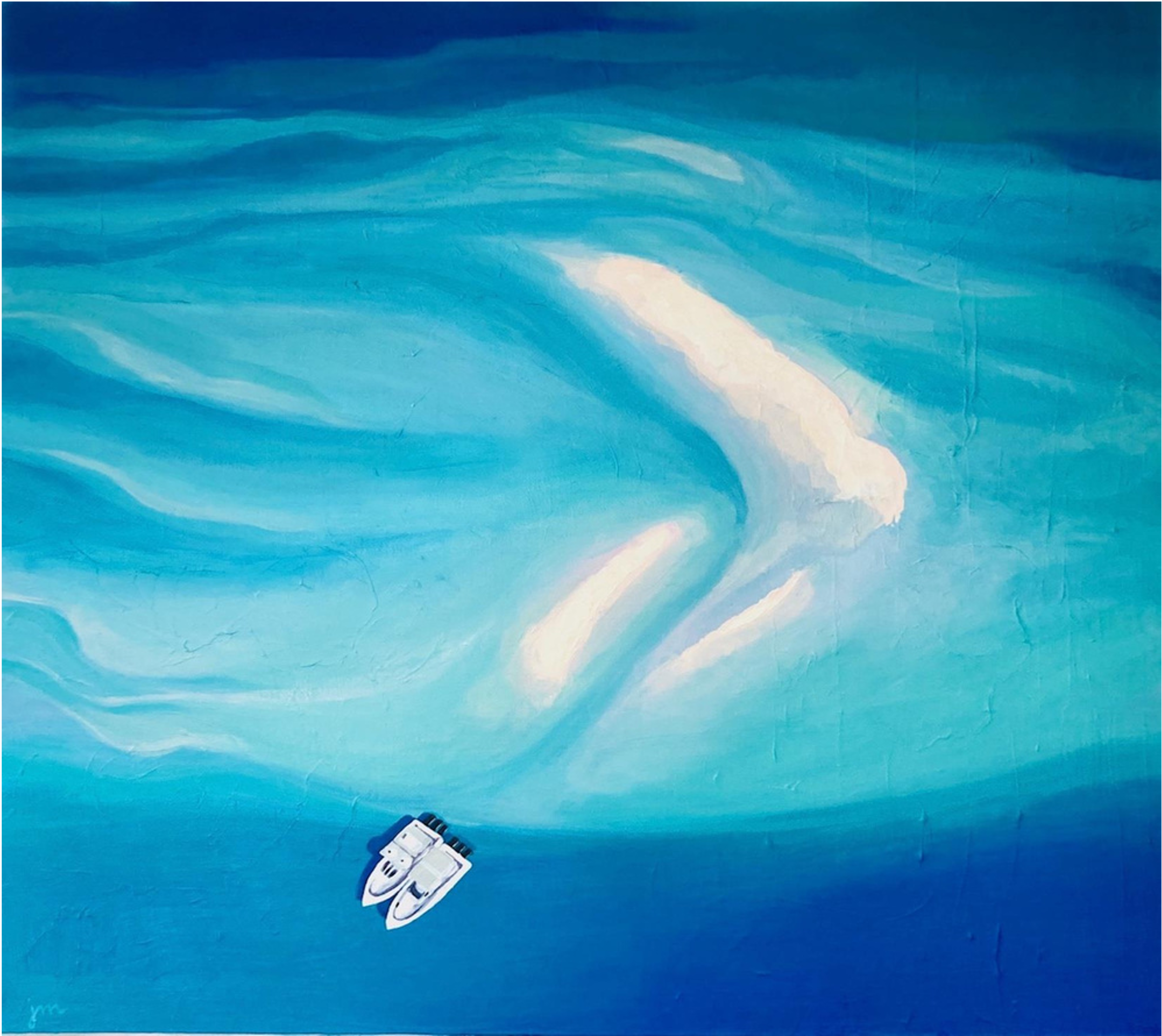 An abstract blue painting with white streaks, featuring a small cut-out sticker of a spaceship near the bottom left corner.