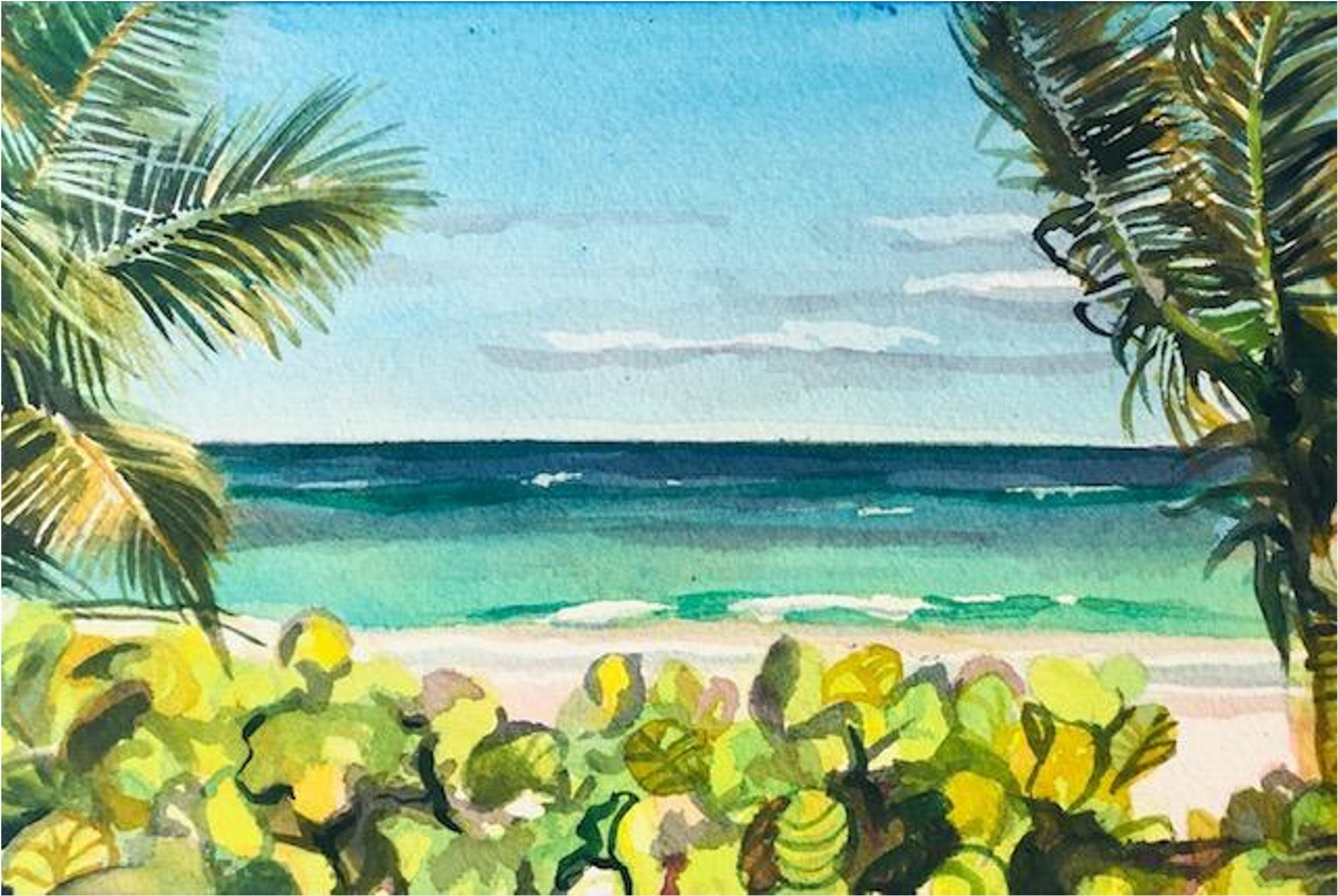 Watercolor painting of a tropical beach with the ocean, sandy shore, and green foliage, including palm trees.