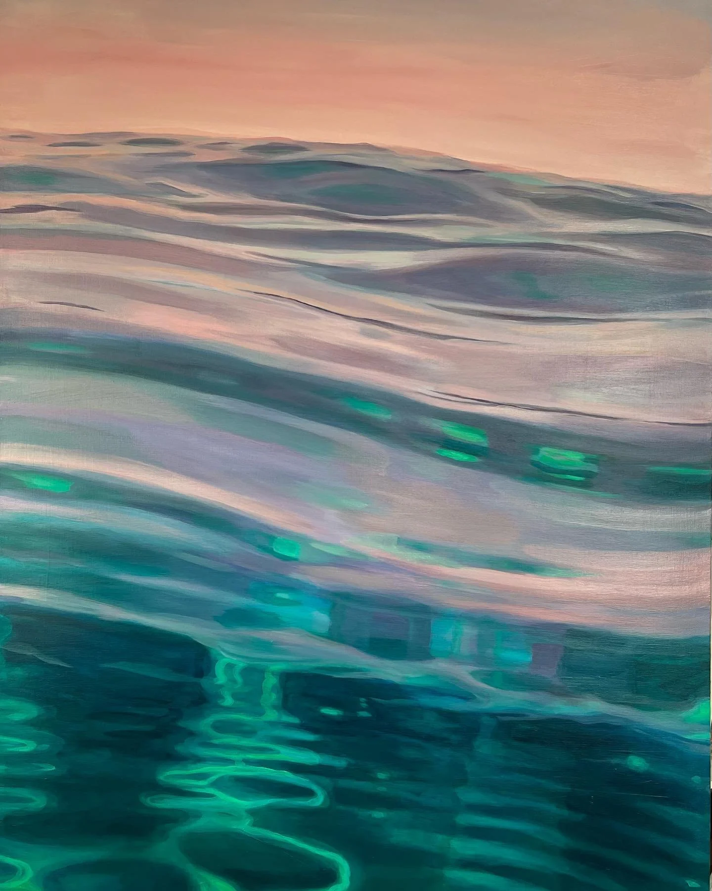 An abstract painting of ocean waves with soft pastel colors and reflections of green lights in the water.