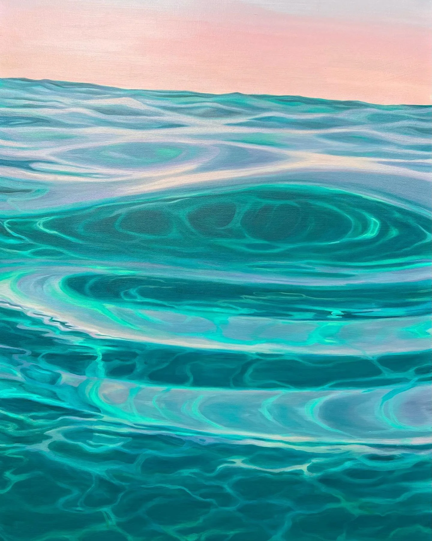 Painting of ocean waves with a pink sky in the background, featuring swirling teal and blue water.