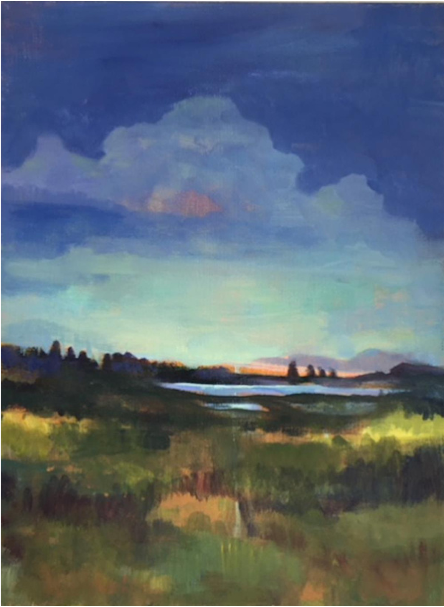 A landscape painting of a countryside scene with a sky filled with clouds, a body of water, and green fields.