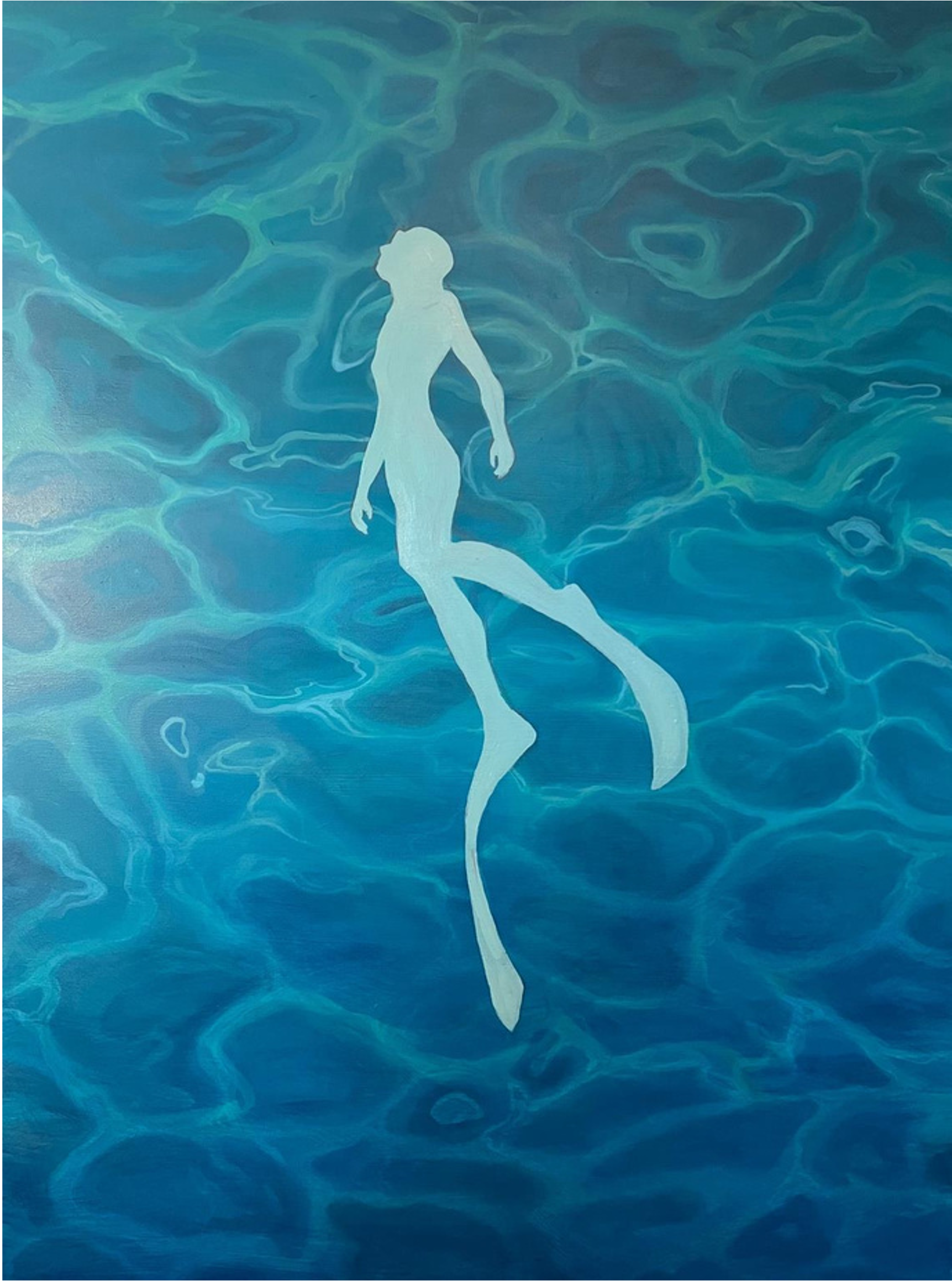 A stylized painting of a mermaid silhouette swimming in blue water with light reflections.
