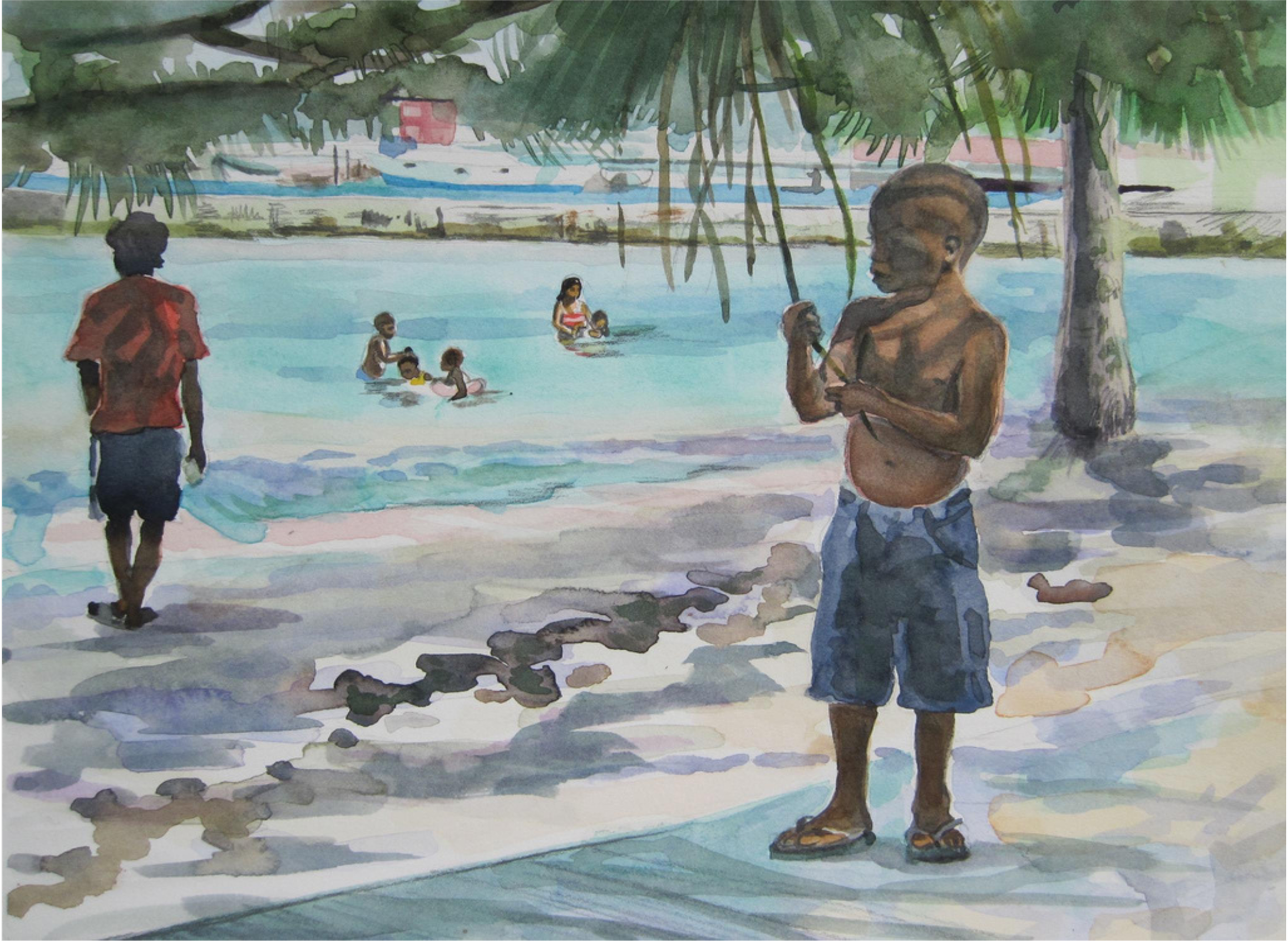 Children playing and swimming in a tropical beach pool, with palm trees and boat in the background, on a sunny day.