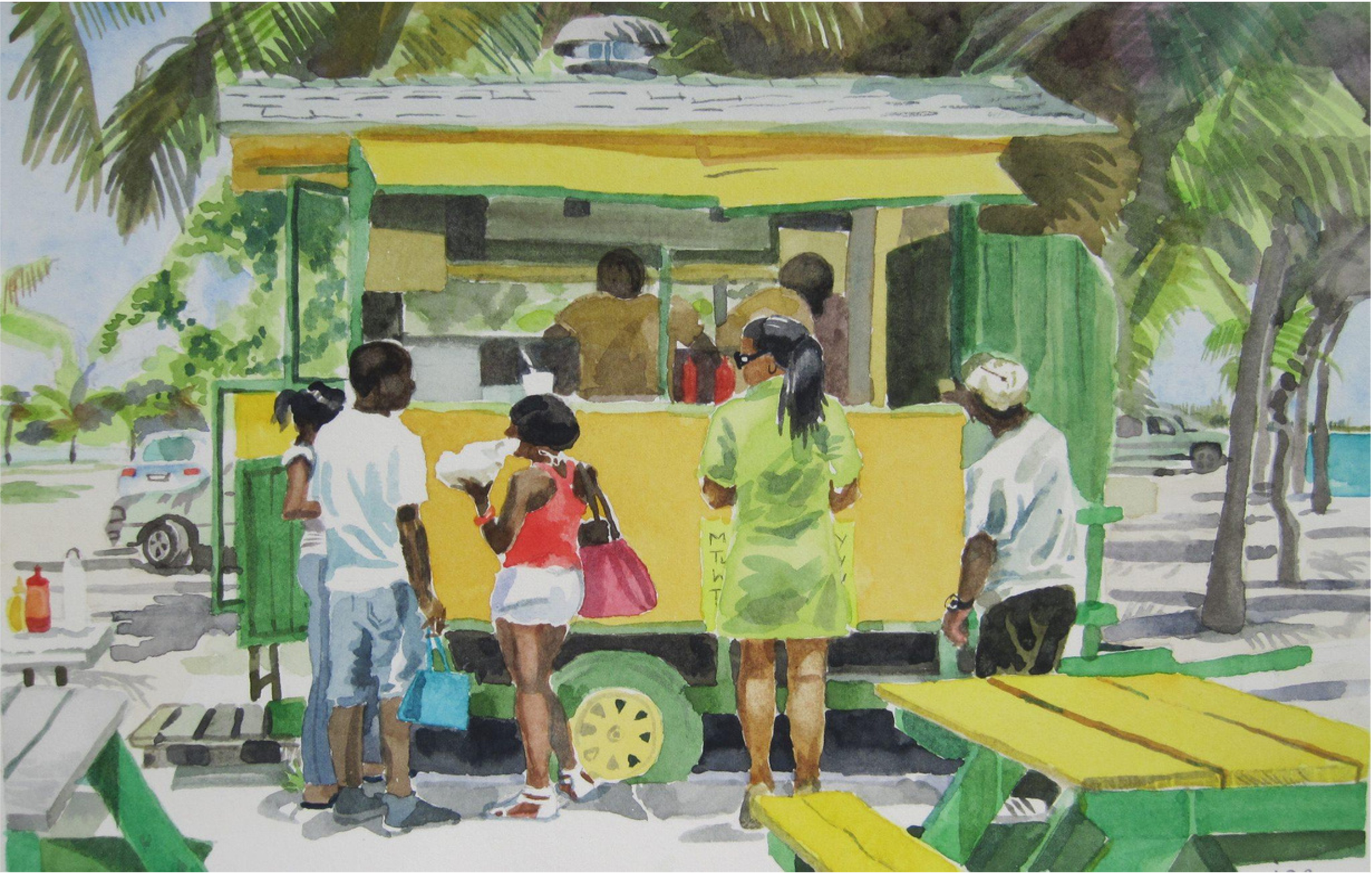 Painting of a lively outdoor scene at a food stand with people ordering and waiting in line, surrounded by palm trees and parked cars.