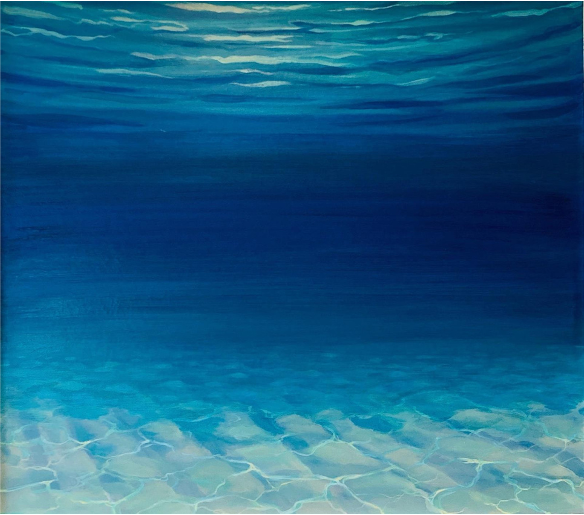 Underwater view of a swimming pool with clear blue water and visible tiles at the bottom.