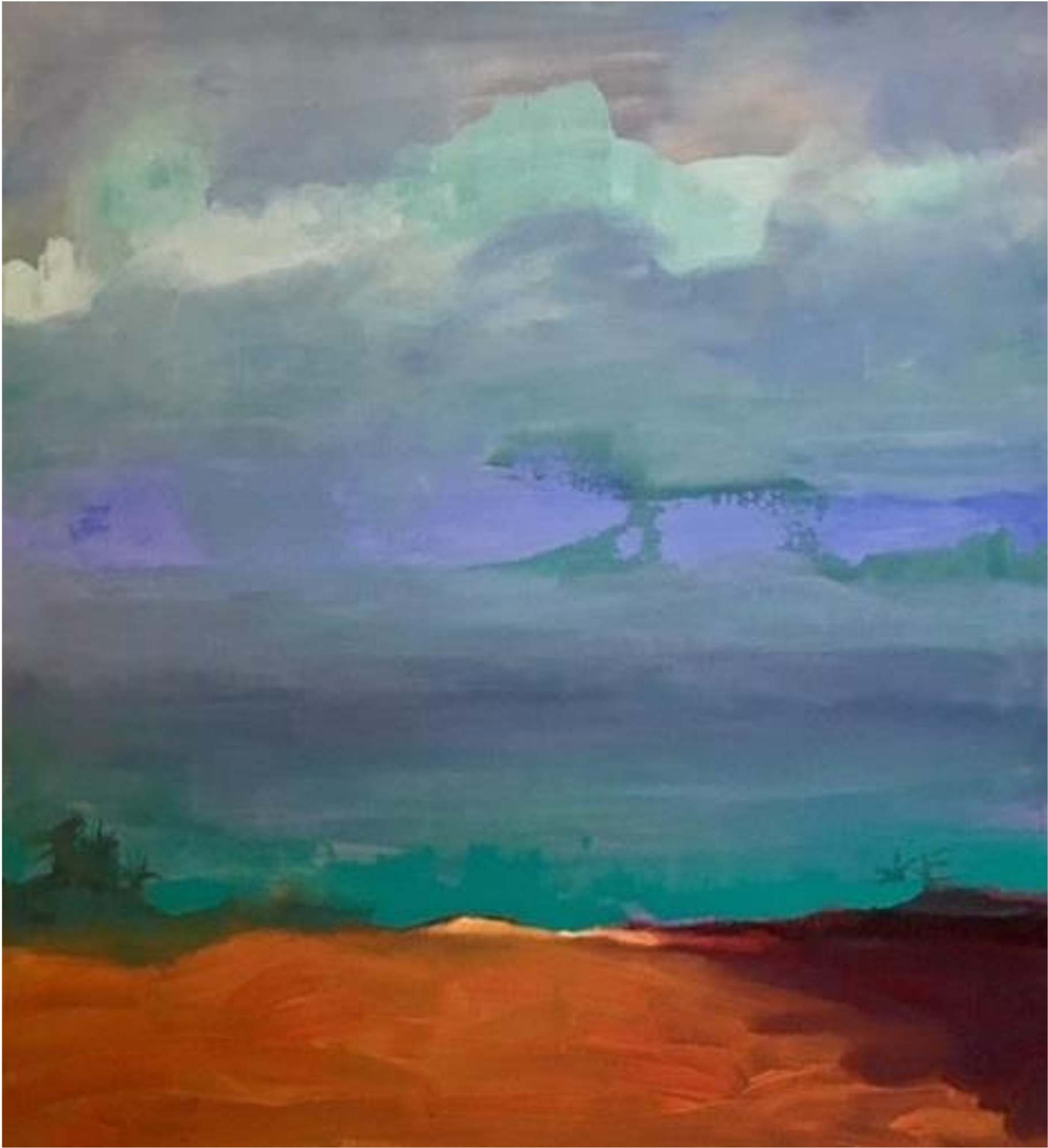 An abstract landscape painting with a cloudy sky in shades of gray, blue, purple, and green, and a foreground with warm orange and brown tones.