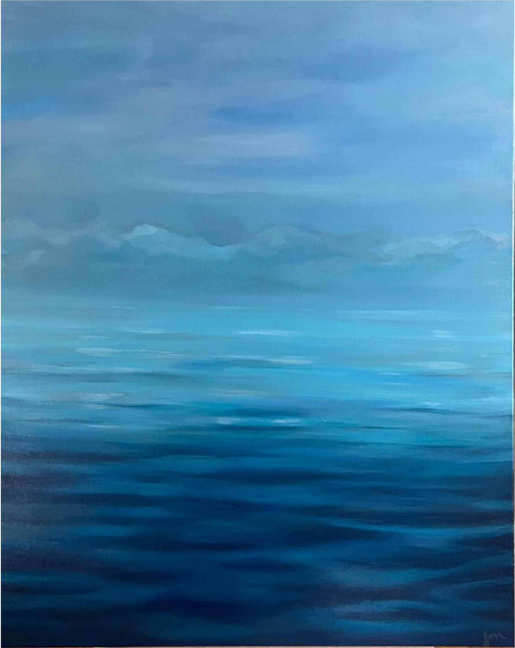 A painting of a calm ocean with blue hues and distant clouds in the sky