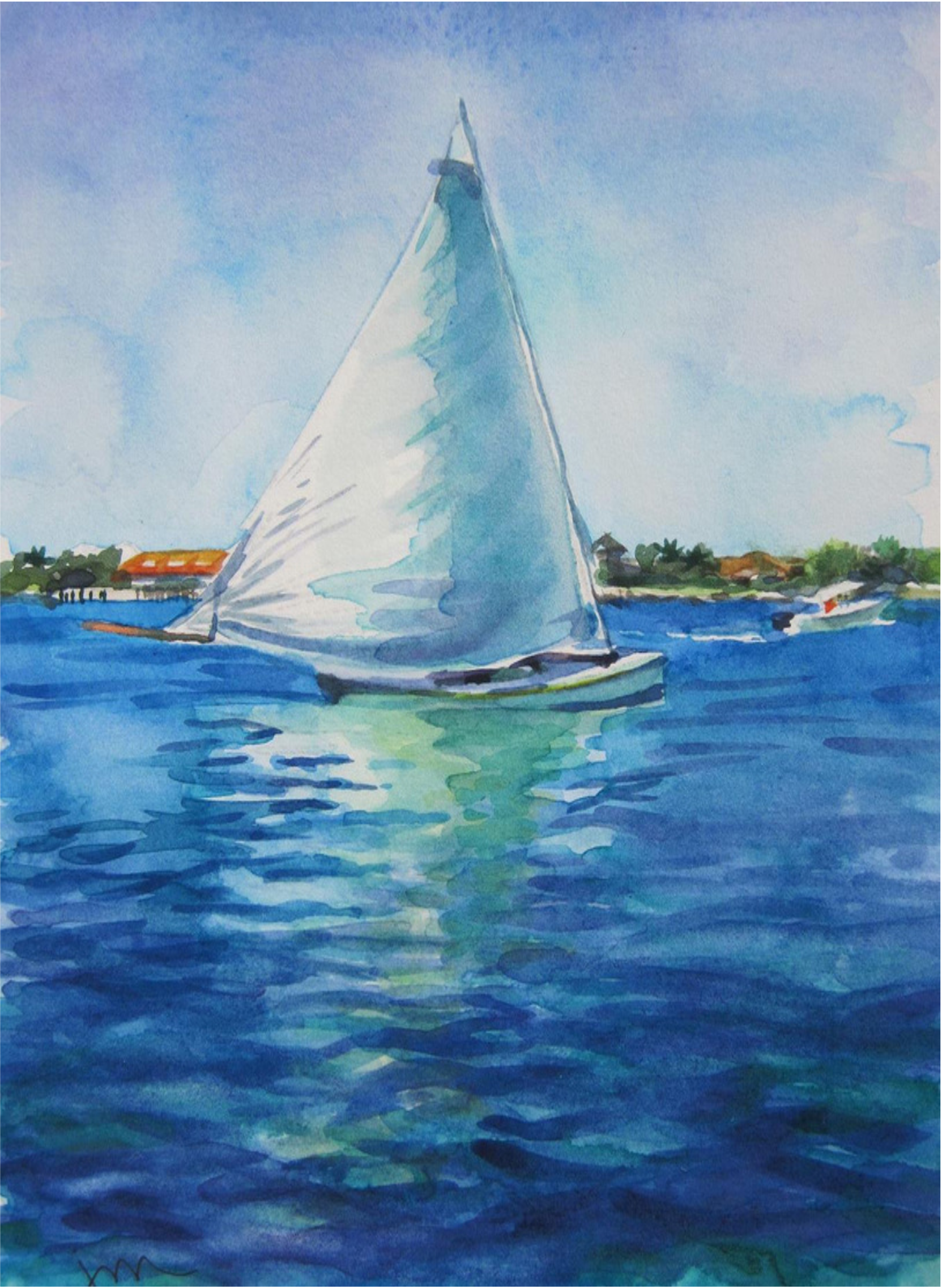 Watercolor painting of a sailboat with a large white sail on a blue body of water, with a distant shoreline and houses in the background under a partly cloudy sky.