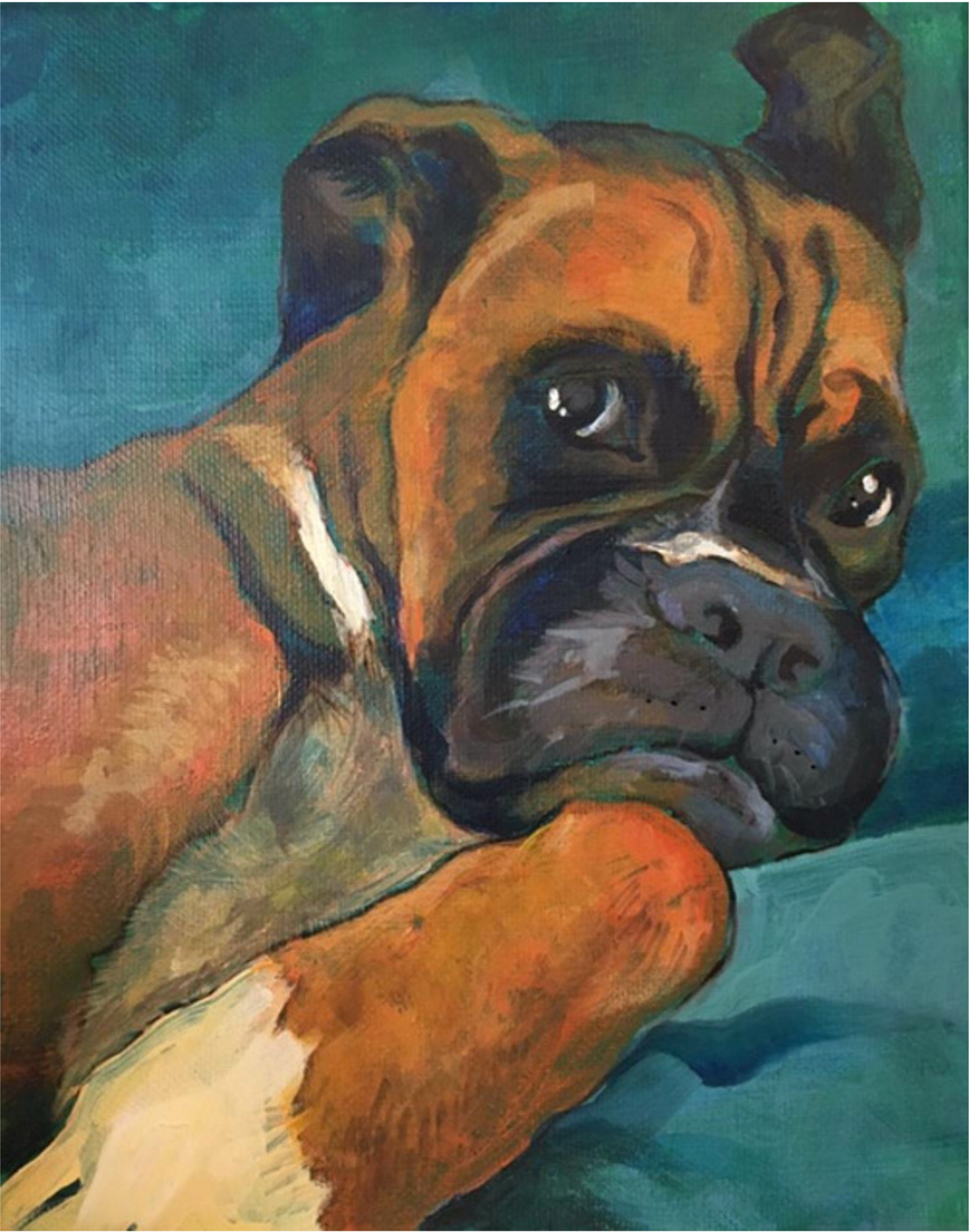 A painting of a brown and black bulldog with expressive eyes resting its head on a person's arm, against a teal background.