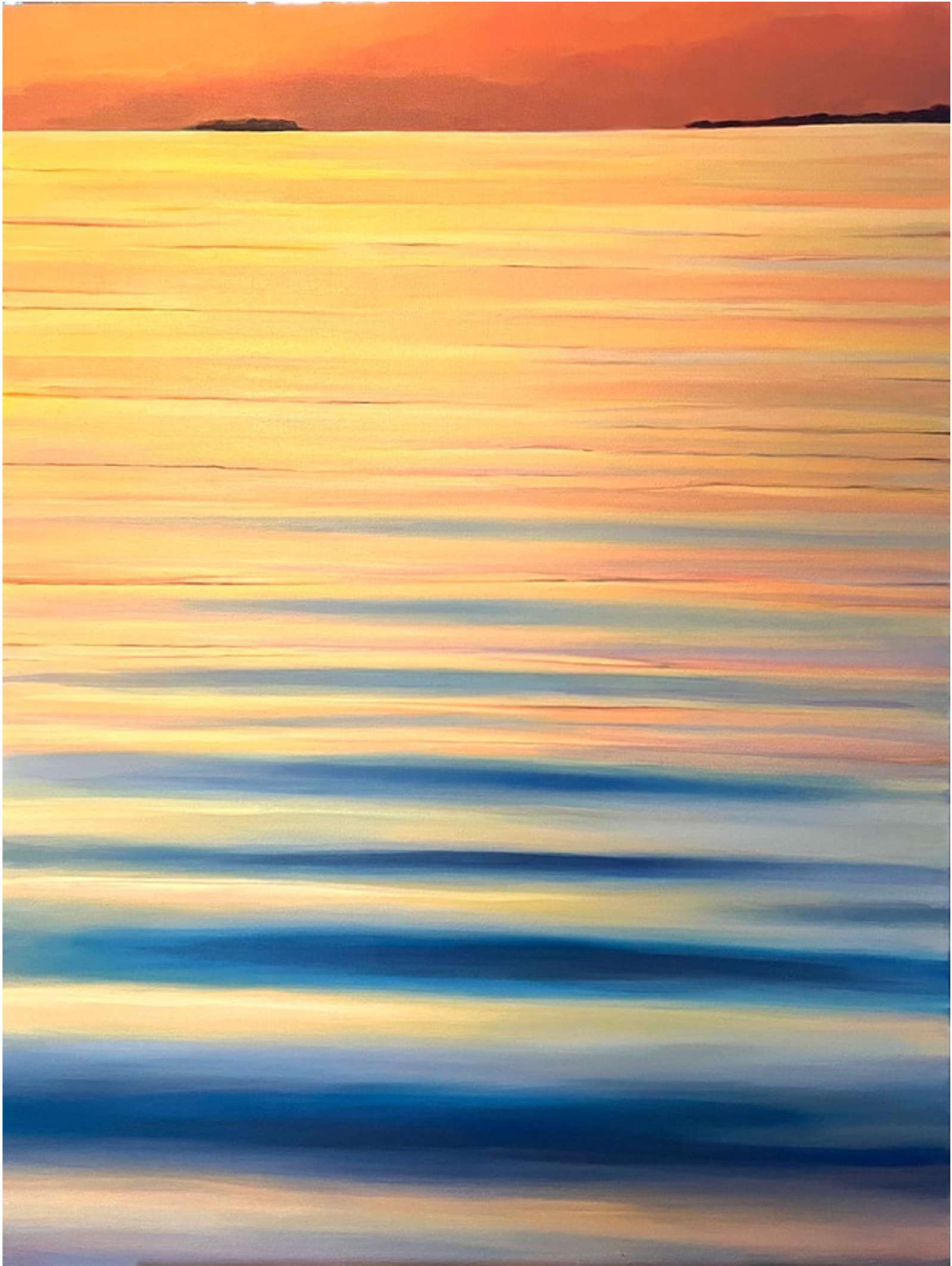 A serene sunset over calm water with distant land silhouettes on the horizon, displaying warm hues of orange, pink, and yellow.