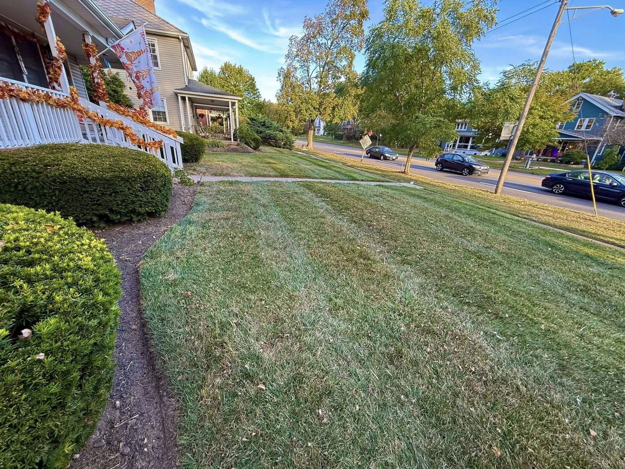 A suburban neighborhood with a well-maintained front lawn, houses decorated with autumn-themed decorations, and a clear blue sky.