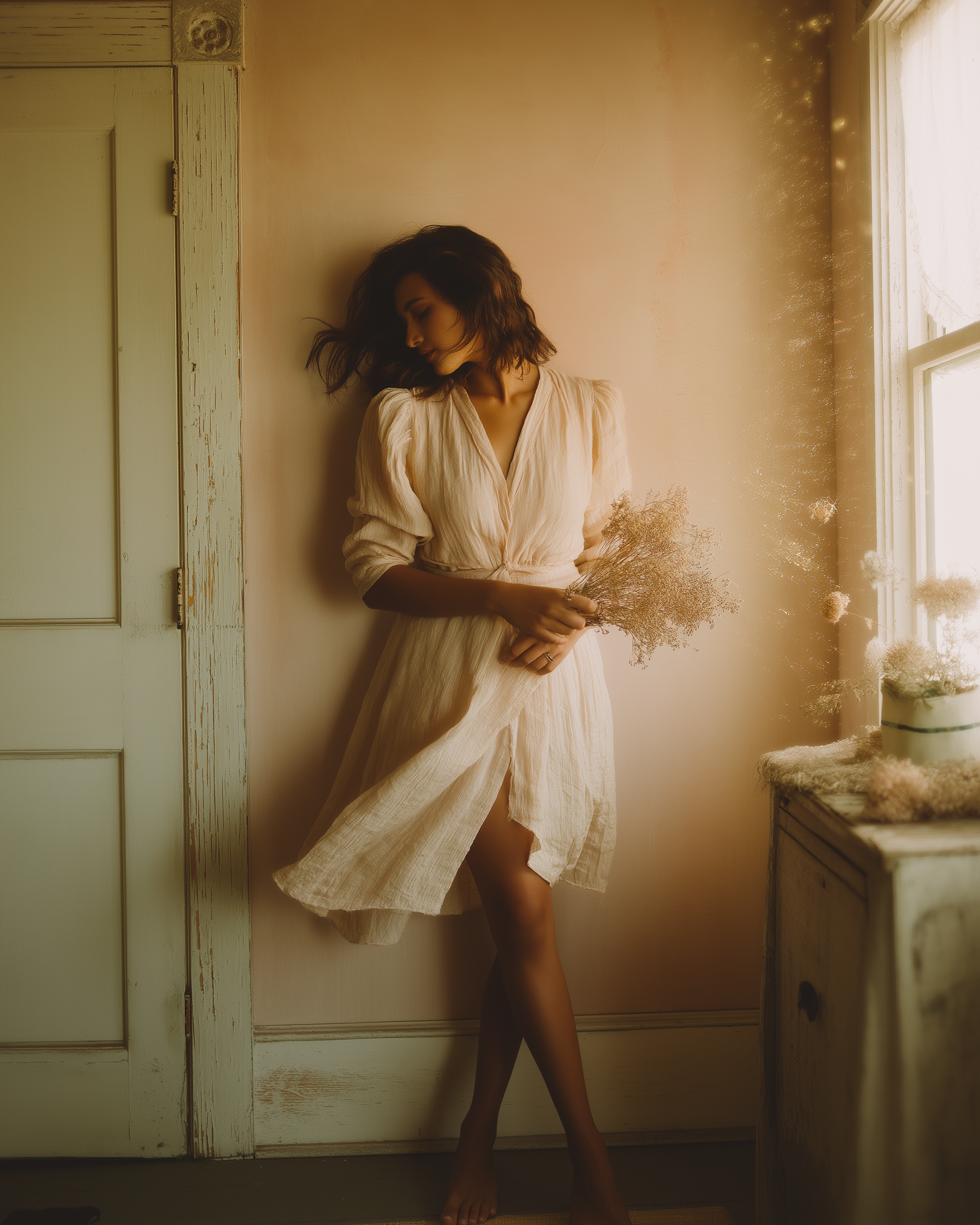 A woman in a cream-colored dress holding a bouquet of flowers, standing barefoot near a window with sunlight streaming in, in a cozy, rustic room.