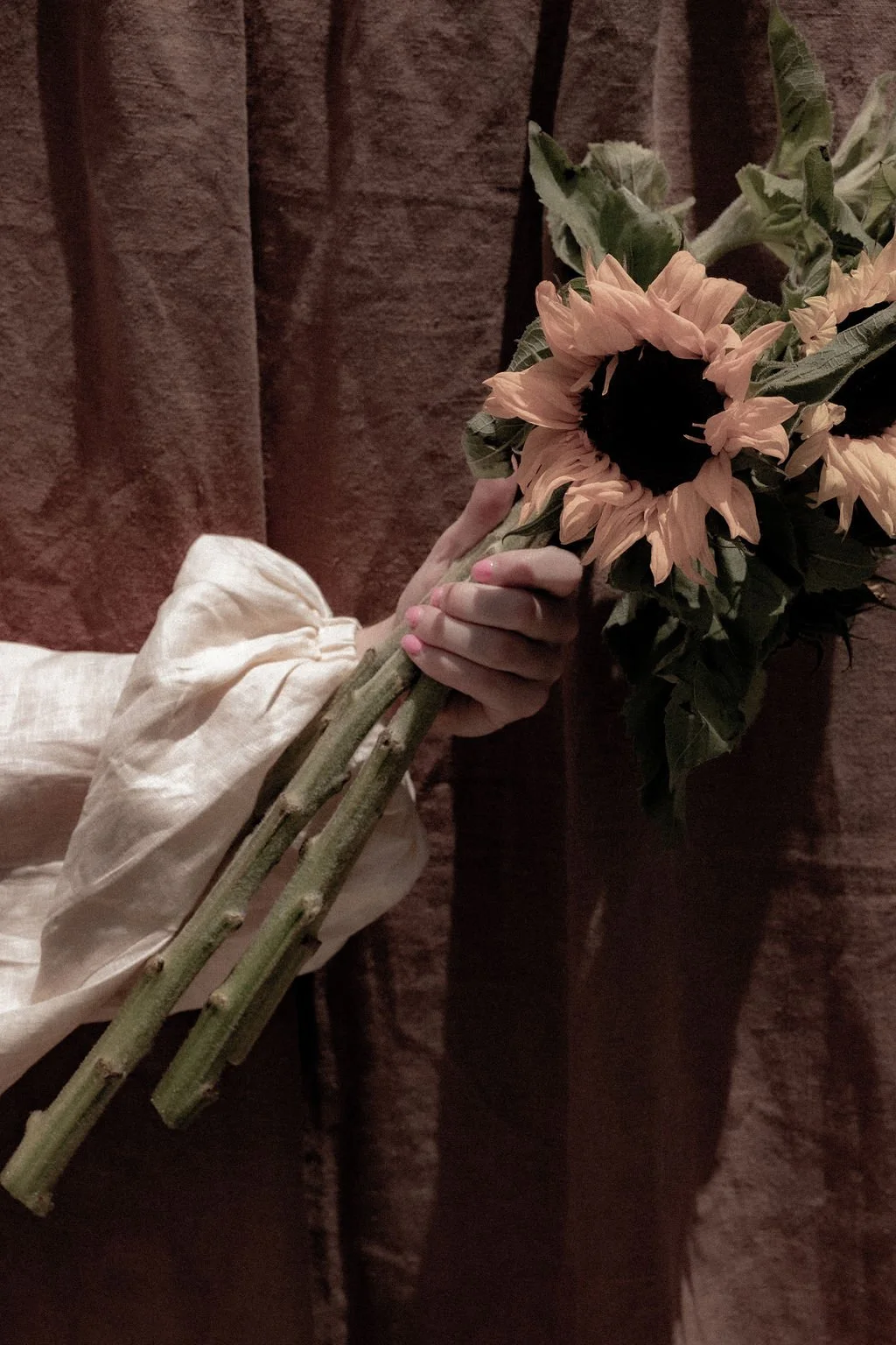 Person wearing long sleeve white shirt holding a bouquet of sunflowers in front of brown curtains.