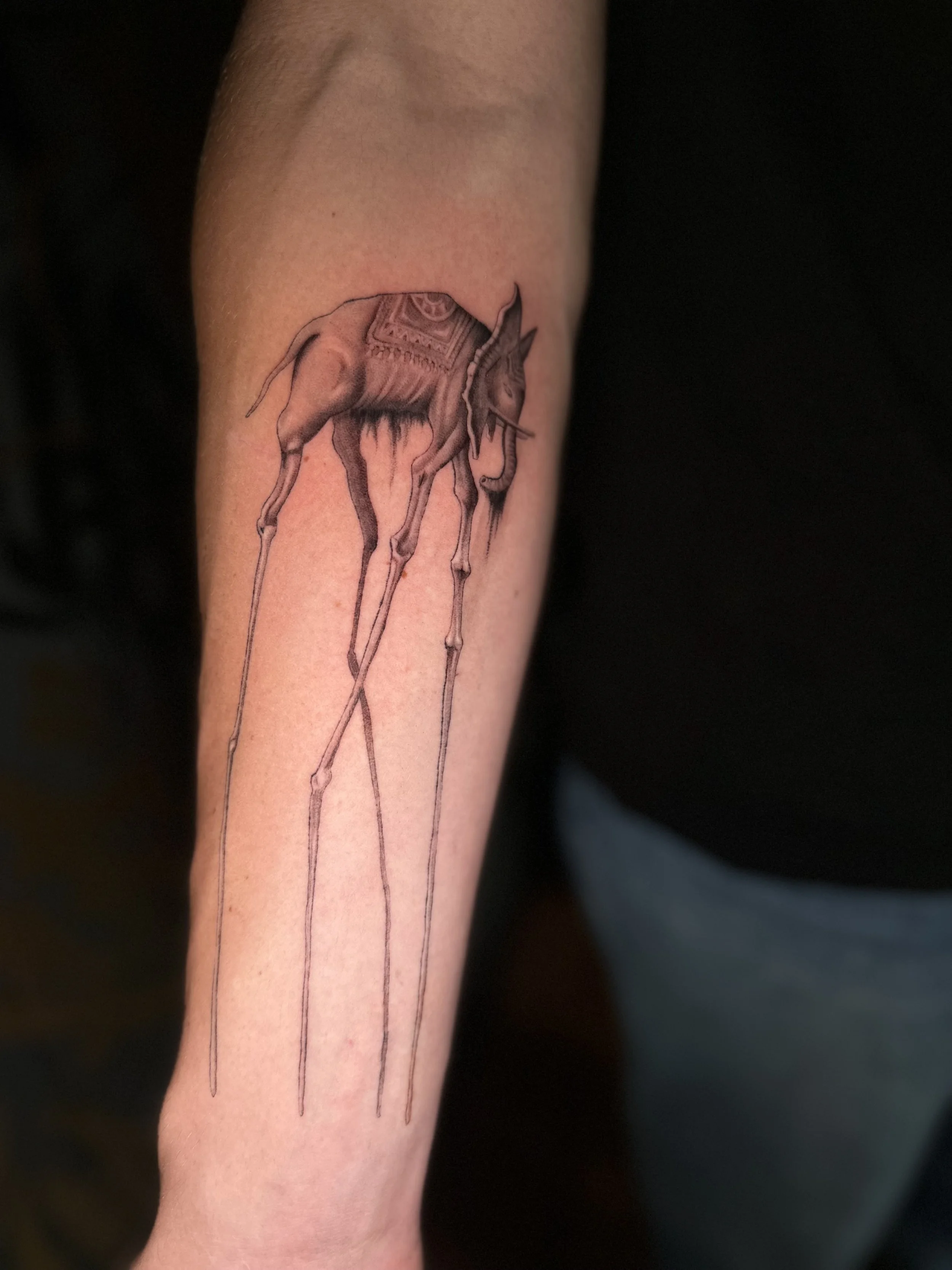 Tattoo of a unicorn with long, thin legs and a detailed, textured body on a person's forearm.