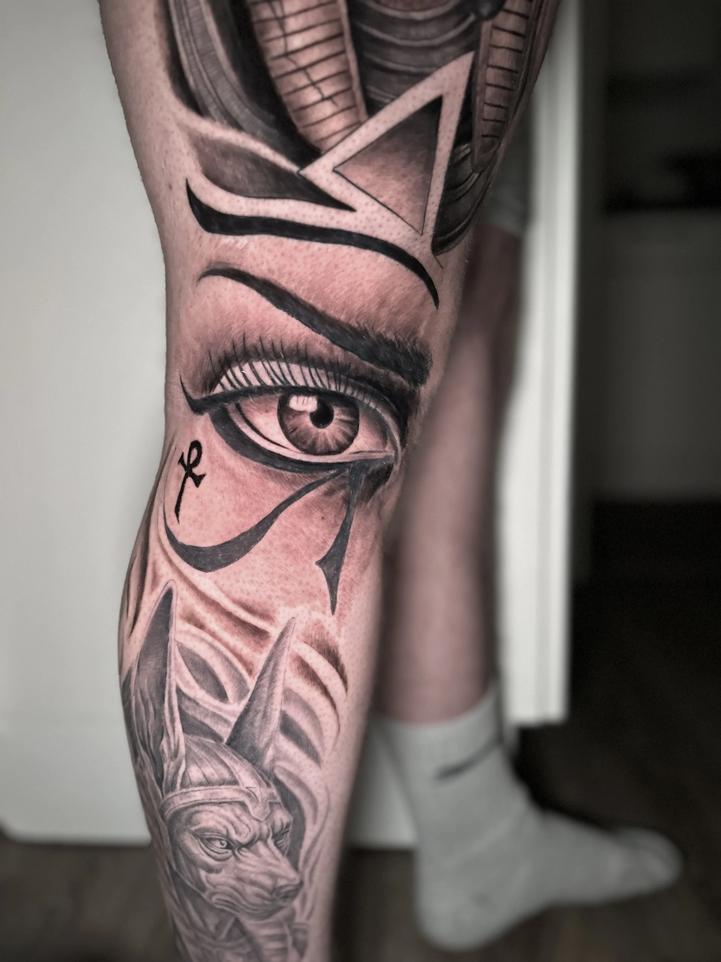 Tattoo of an eye with detailed iris and eyelashes, surrounded by abstract geometric and illustrative designs, including a lion's head at the lower part of the arm.