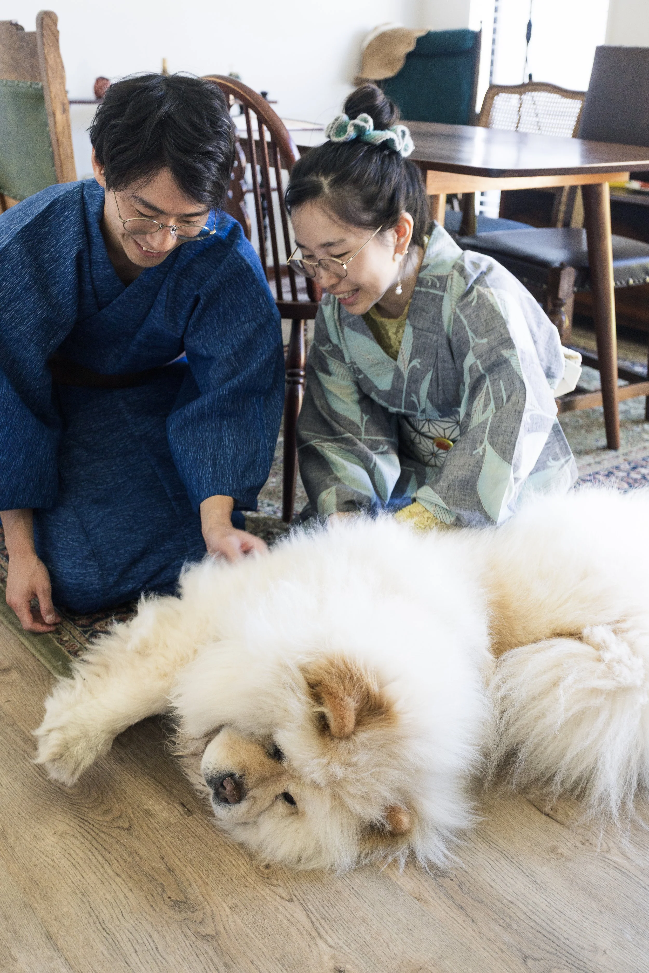 Two people in traditional Japanese attire pet a large, fluffy dog lying on the wooden floor indoors.