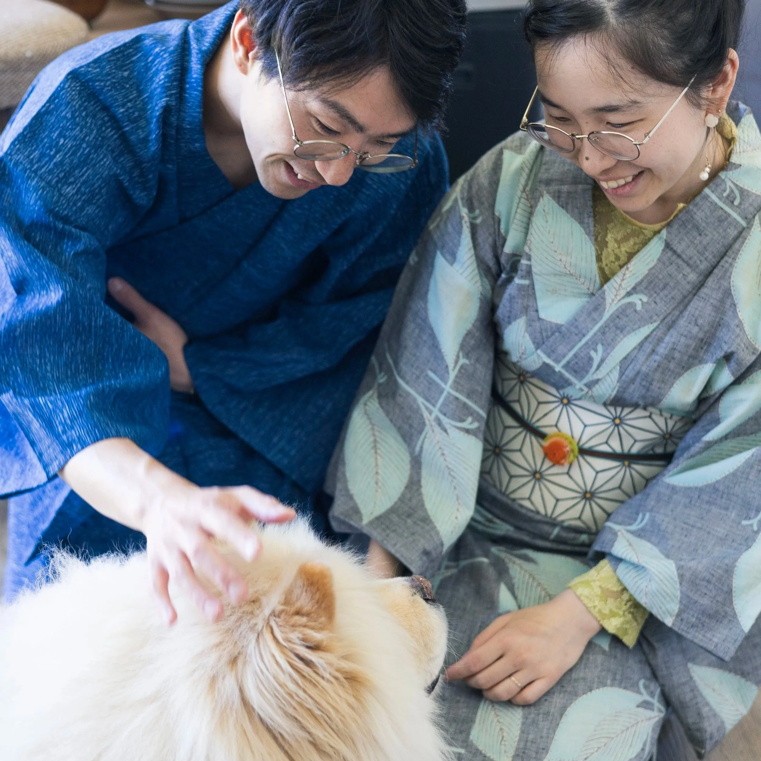 Two people, a man and a woman, are smiling and reaching out towards a dog, possibly petting or playing with it.