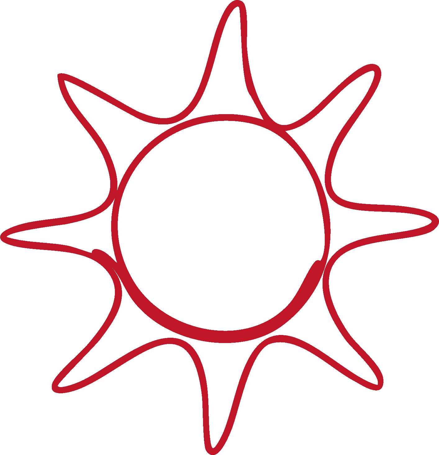 Red outline of a sun with a circular center and wavy rays extending outward against a black background.