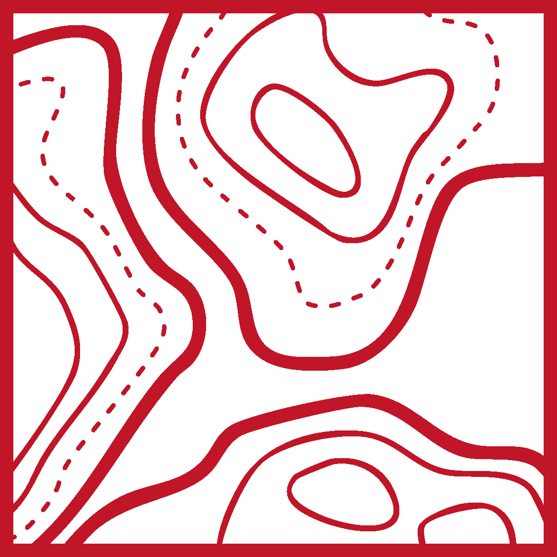 Topographic map with contour lines in red.