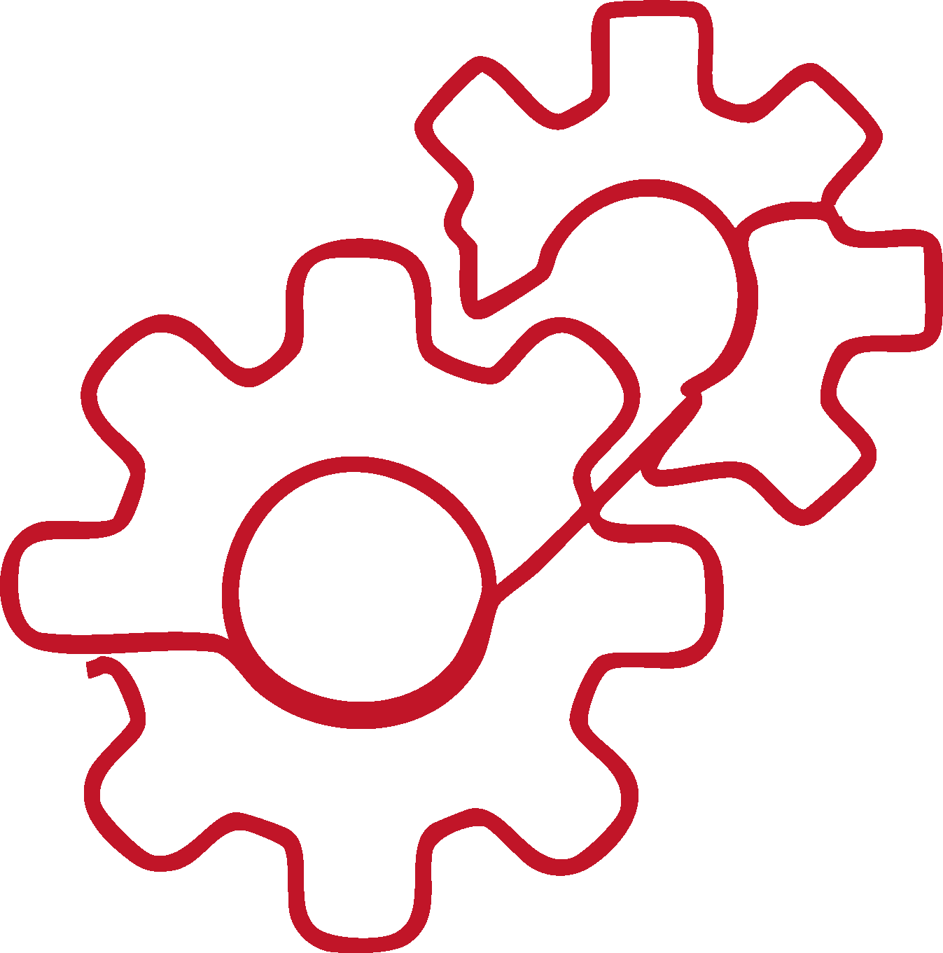 Outline of two interlocking gears, one larger and one smaller, representing mechanics or engineering.